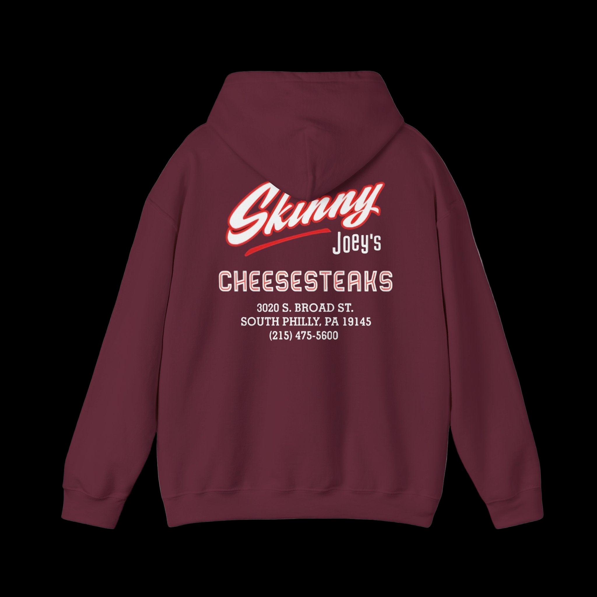 Maroon hoodie with 'Skinny Joey's Cheesesteaks' text on the back against a white background