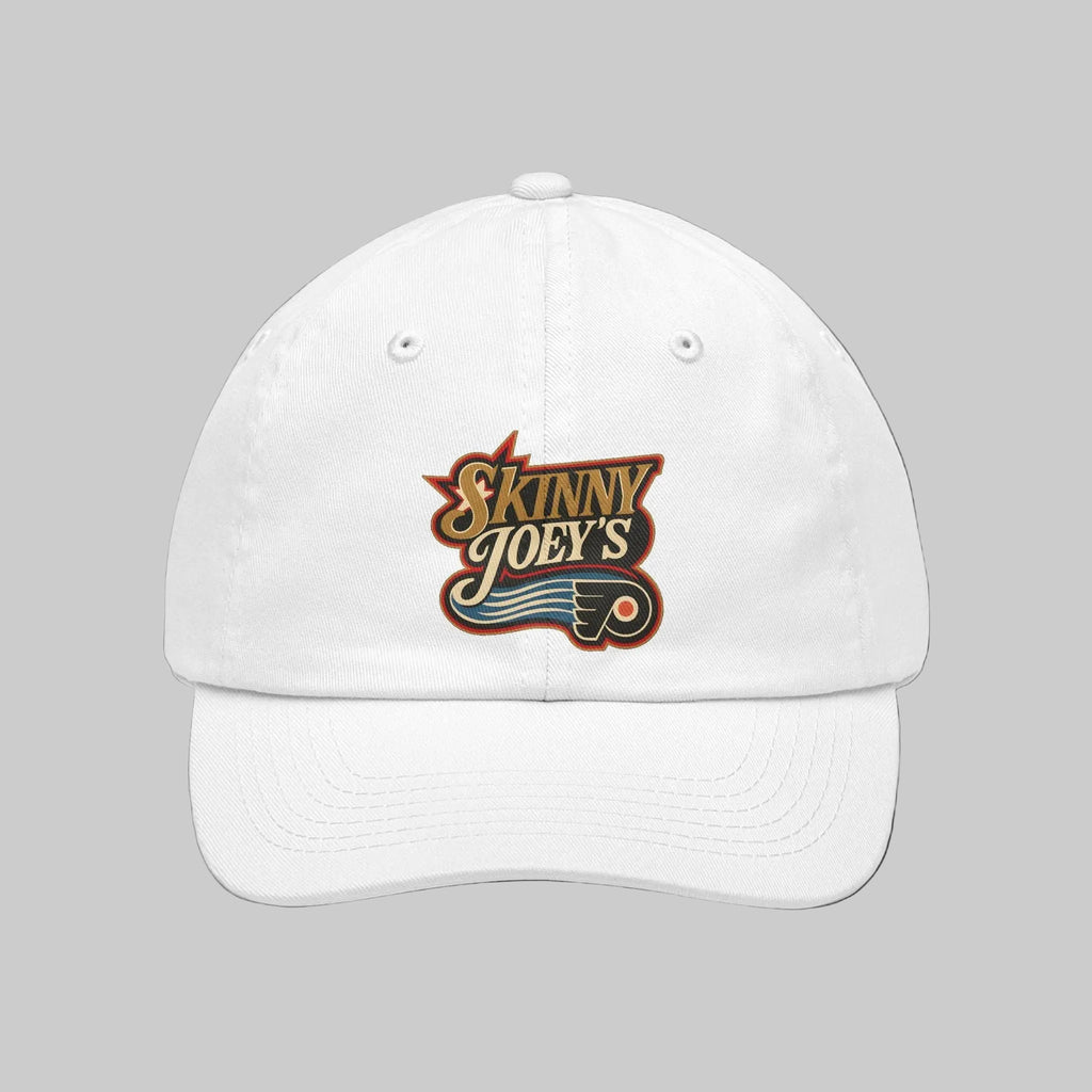 White cap with 'Skinny Joey's' logo on a white background