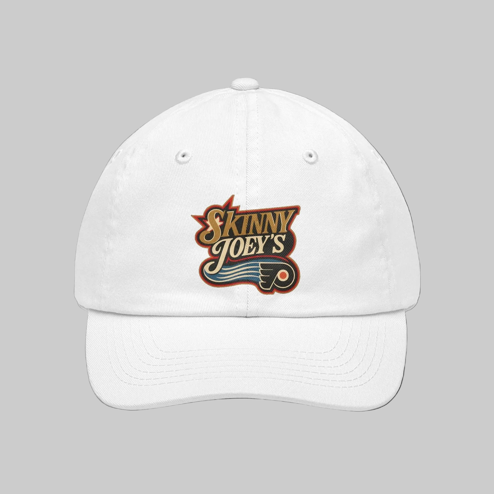 White cap with 'Skinny Joey's' logo on a white background