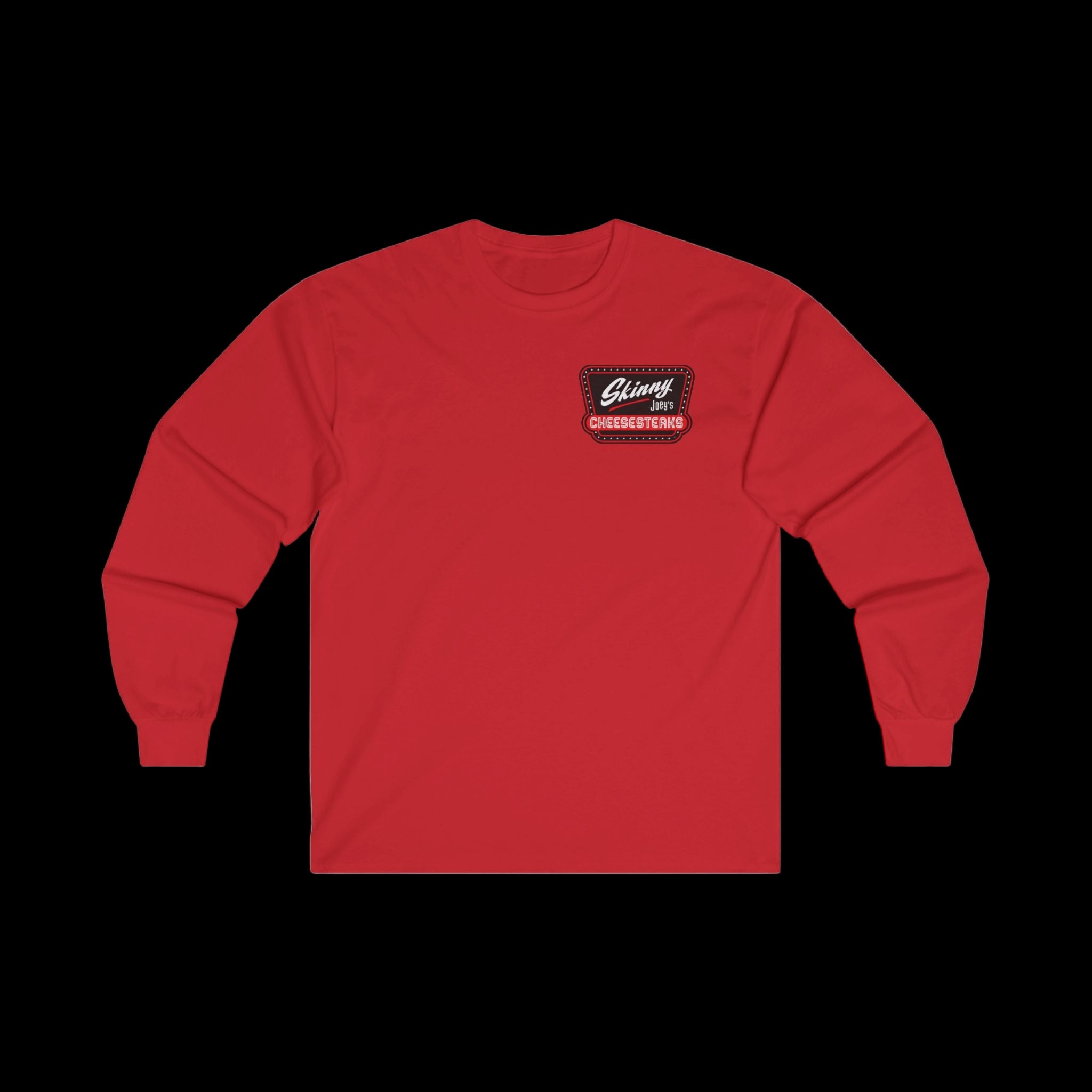 Red unisex long-sleeve tee with front chest patch featuring Skinny Joey’s Cheesesteaks branding and We Can Go Anywhere