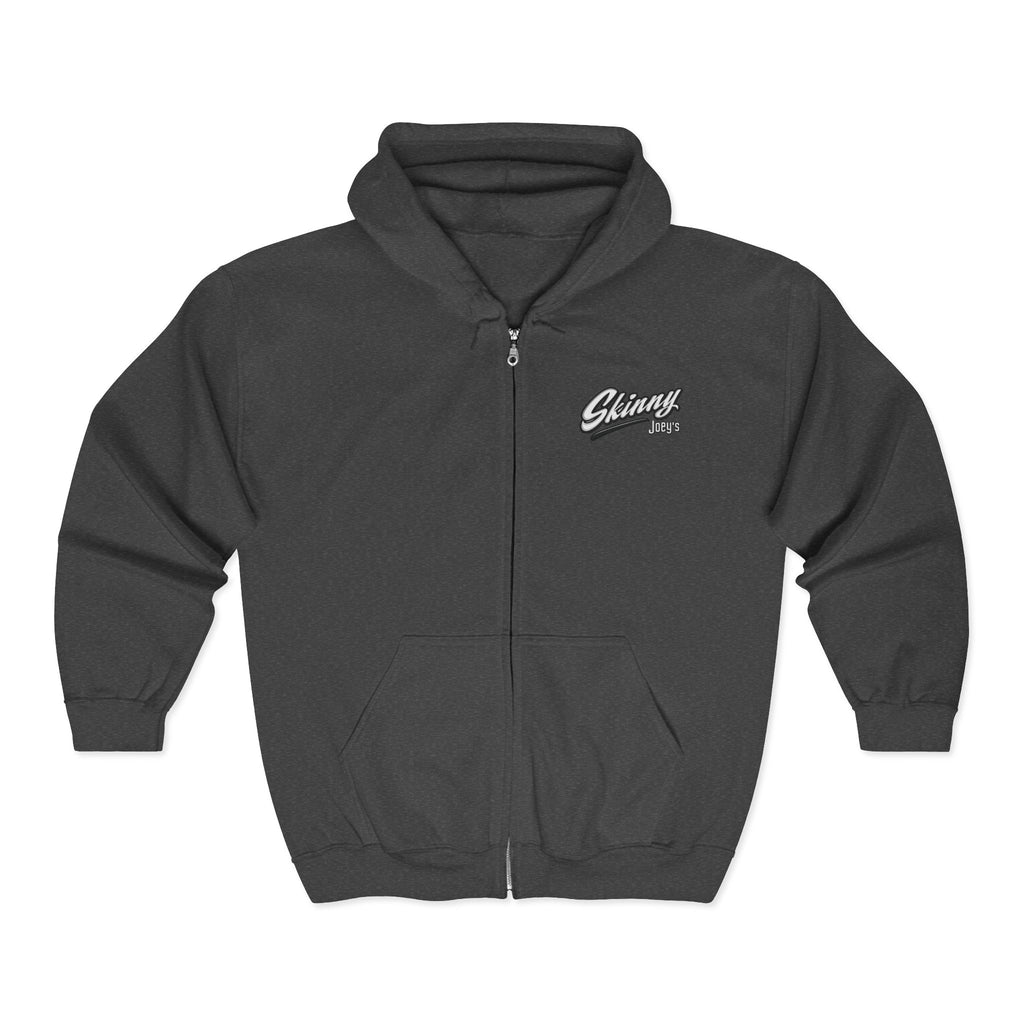 Skinny Joey's Full-Zip Hoodie — Vintage Script Logo Zip-Up Sweatshirt