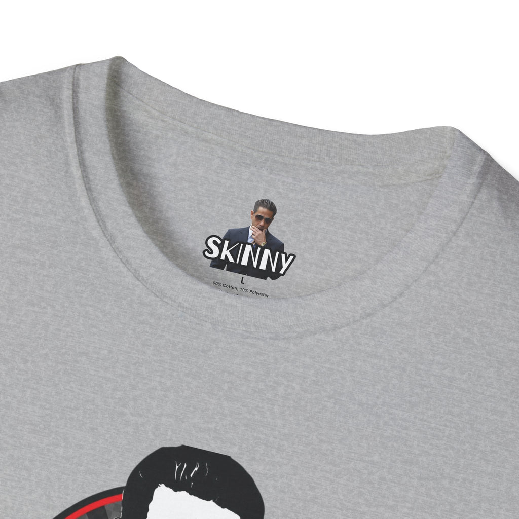Gray t-shirt with a graphic design and 'SKINNY' label on a white background
