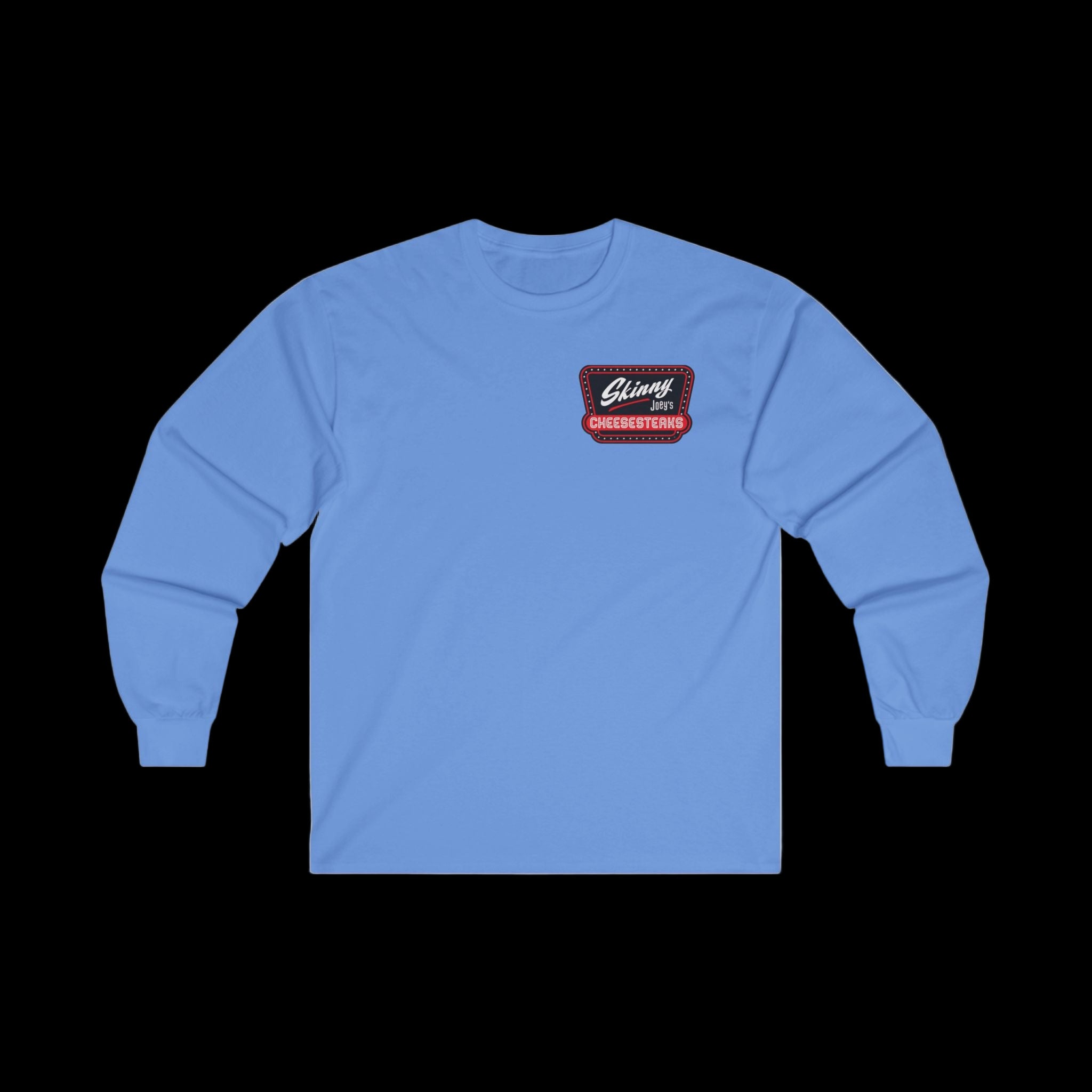 Light blue unisex long-sleeve tee featuring Skinny Joey’s Cheesesteaks × We Can Go Anywhere chest logo.