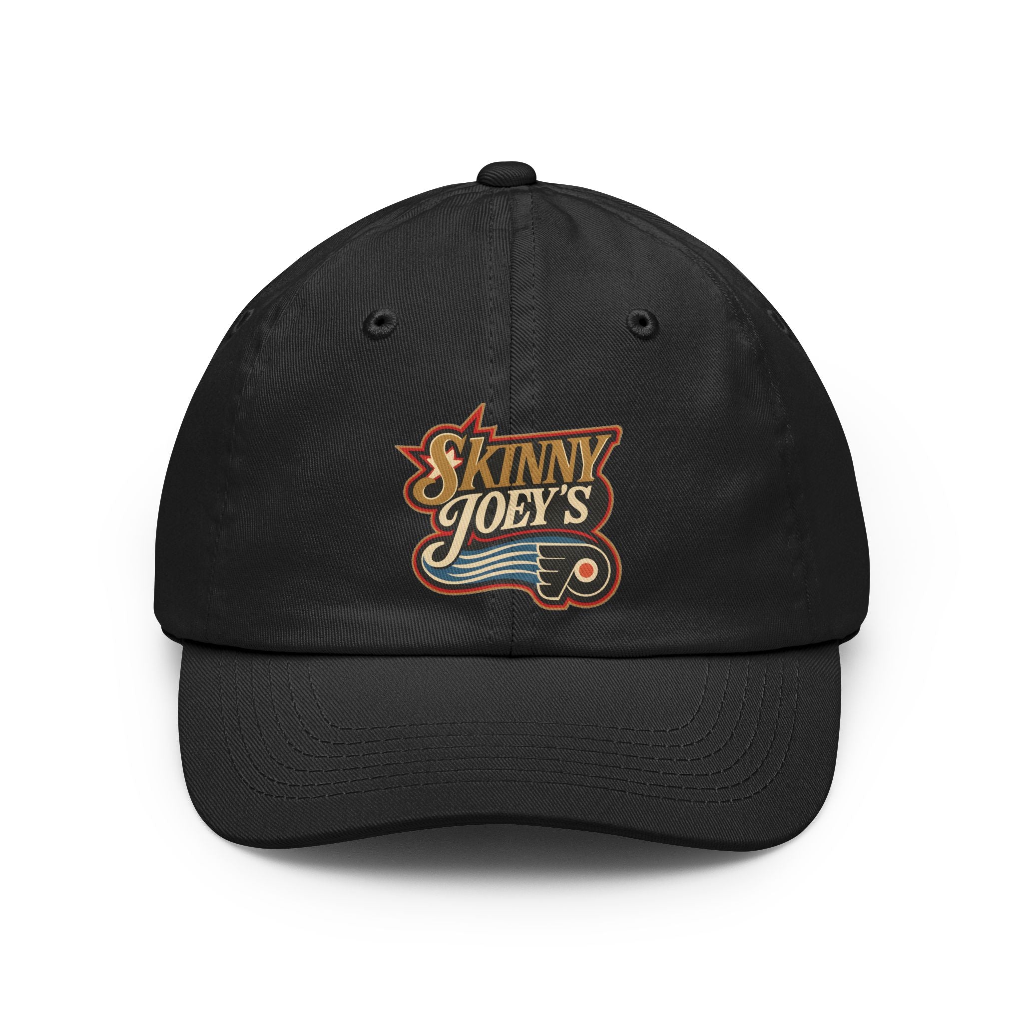 Black cap with 'Skinny Joey's' logo on a white background