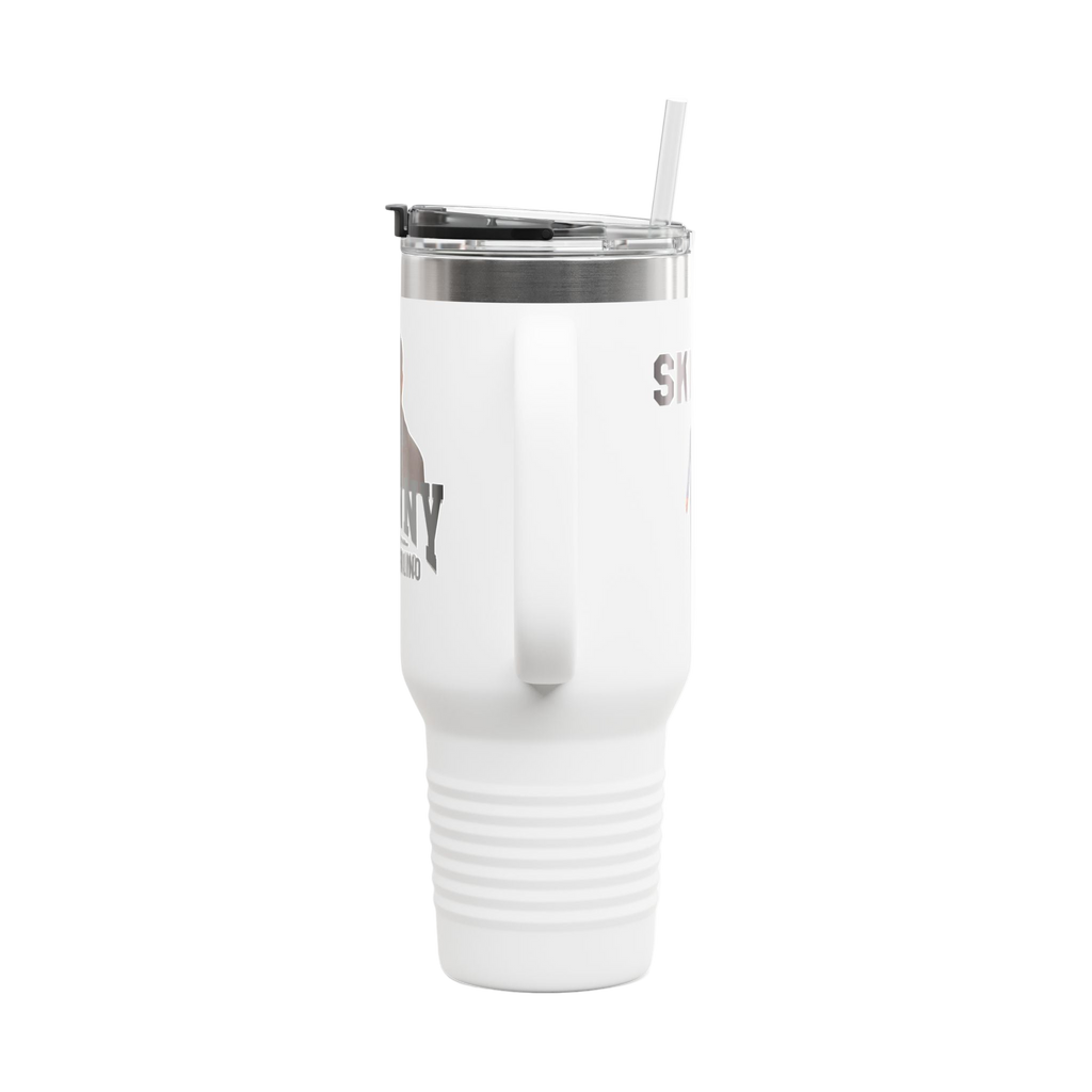 White tumbler with a straw on a white background