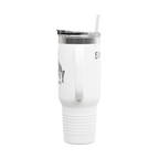 White tumbler with a straw on a white background