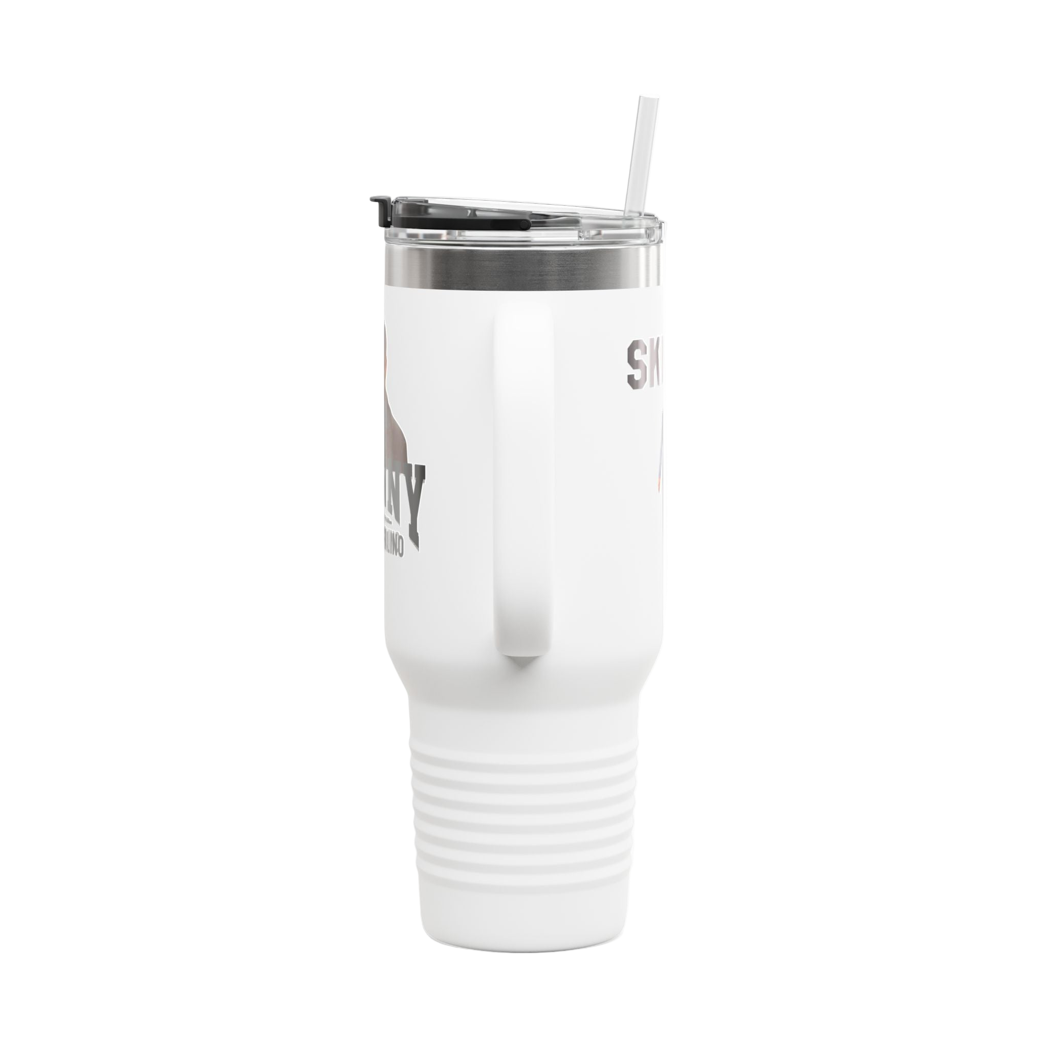 White tumbler with a straw on a white background
