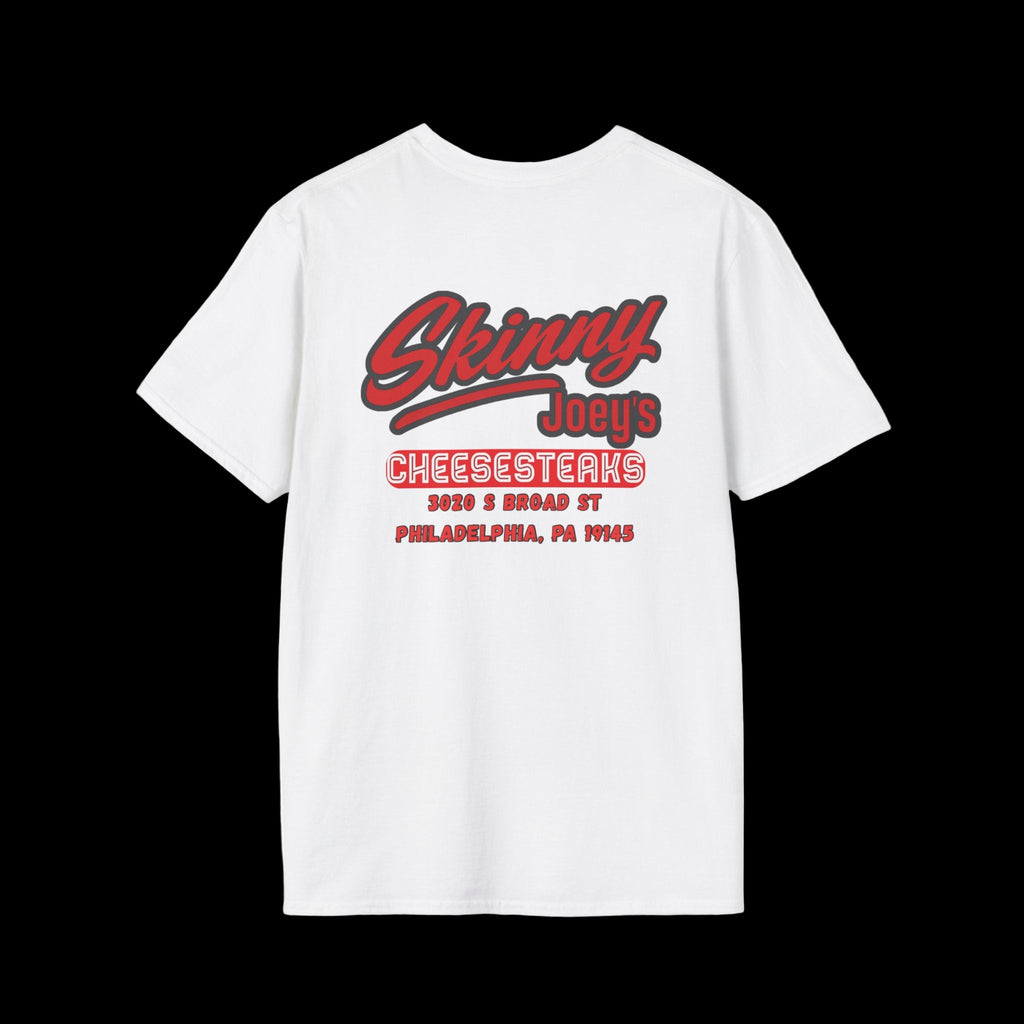 White t-shirt with red and black text on a white background