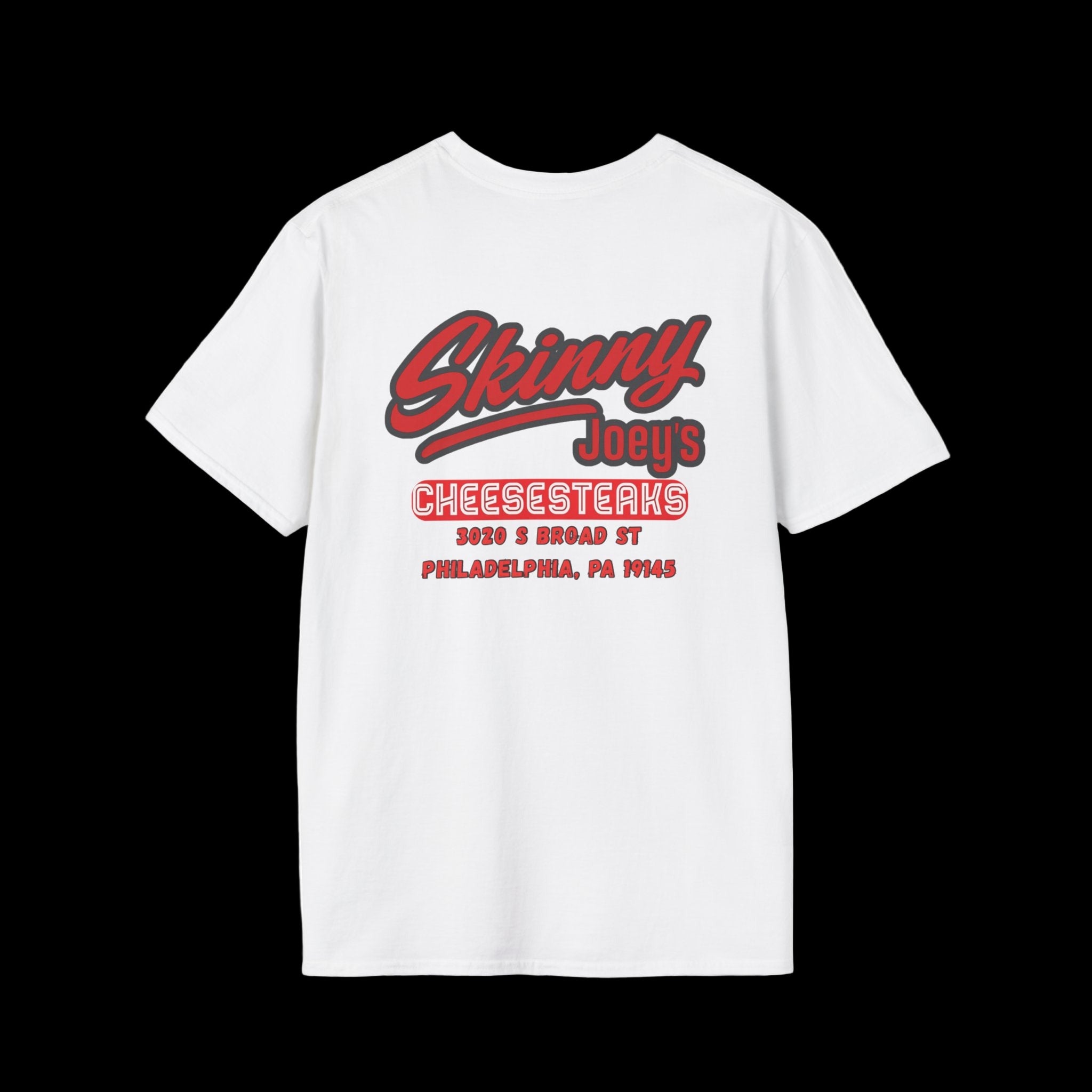White t-shirt with red and black text on a white background