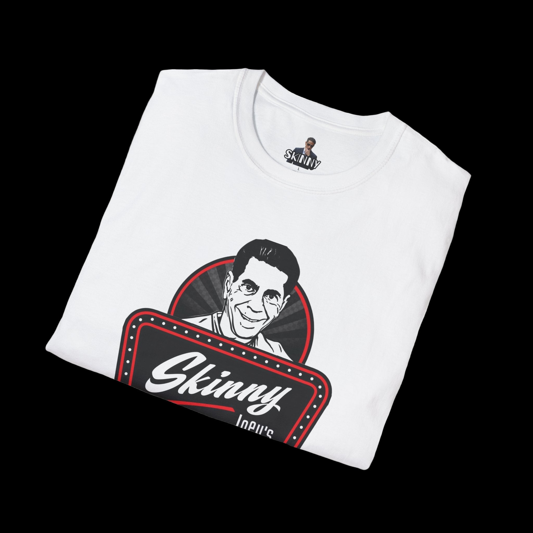 White t-shirt with a graphic design featuring a face and 'Skinny' text on a white background