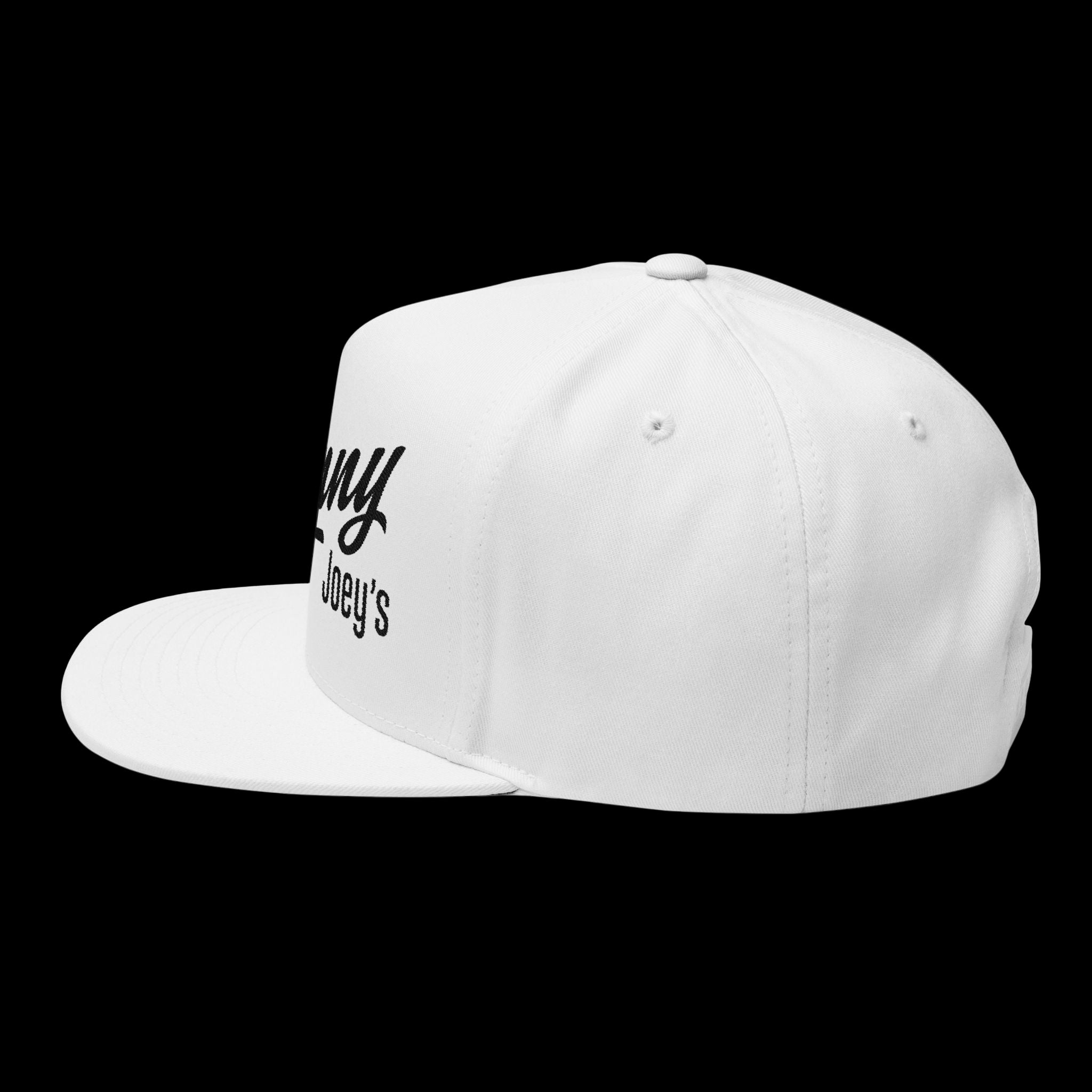 White cap with black text on a white background