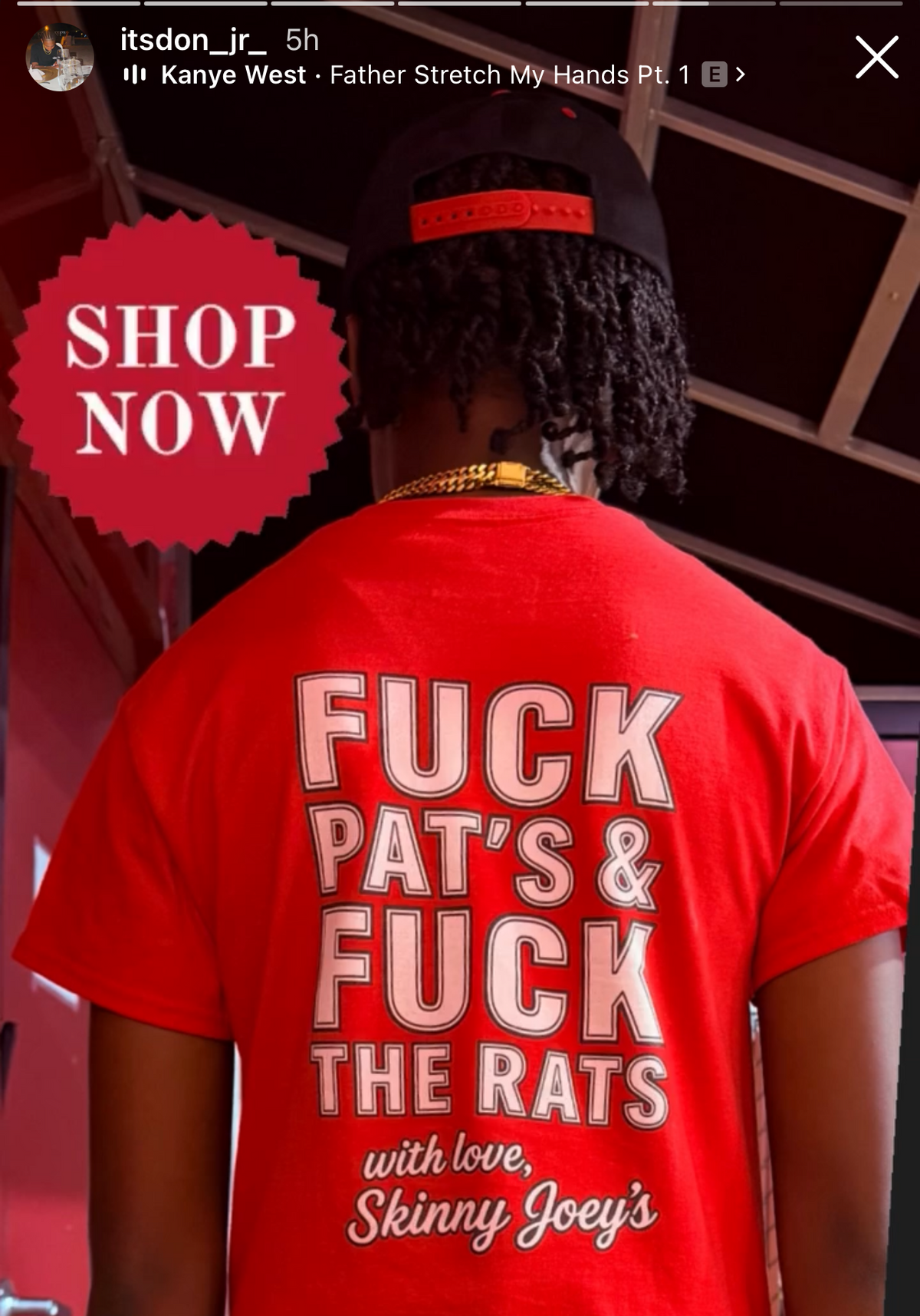 Customer wearing the red Fuck Pat's & Fuck The Rats tee, back view, in an Instagram story photo