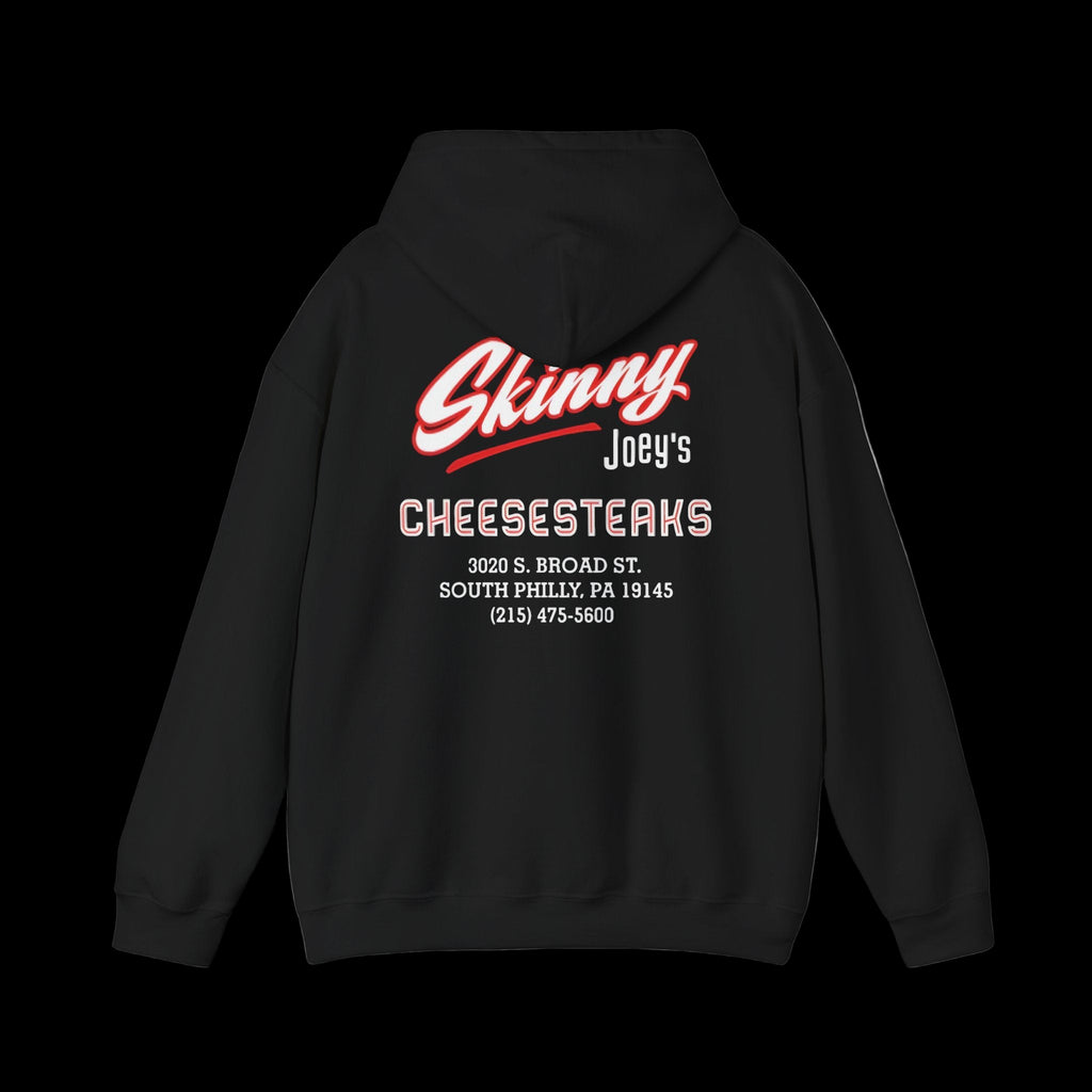Black hoodie with 'Skinny Joey's Cheesesteaks' text on the back against a white background