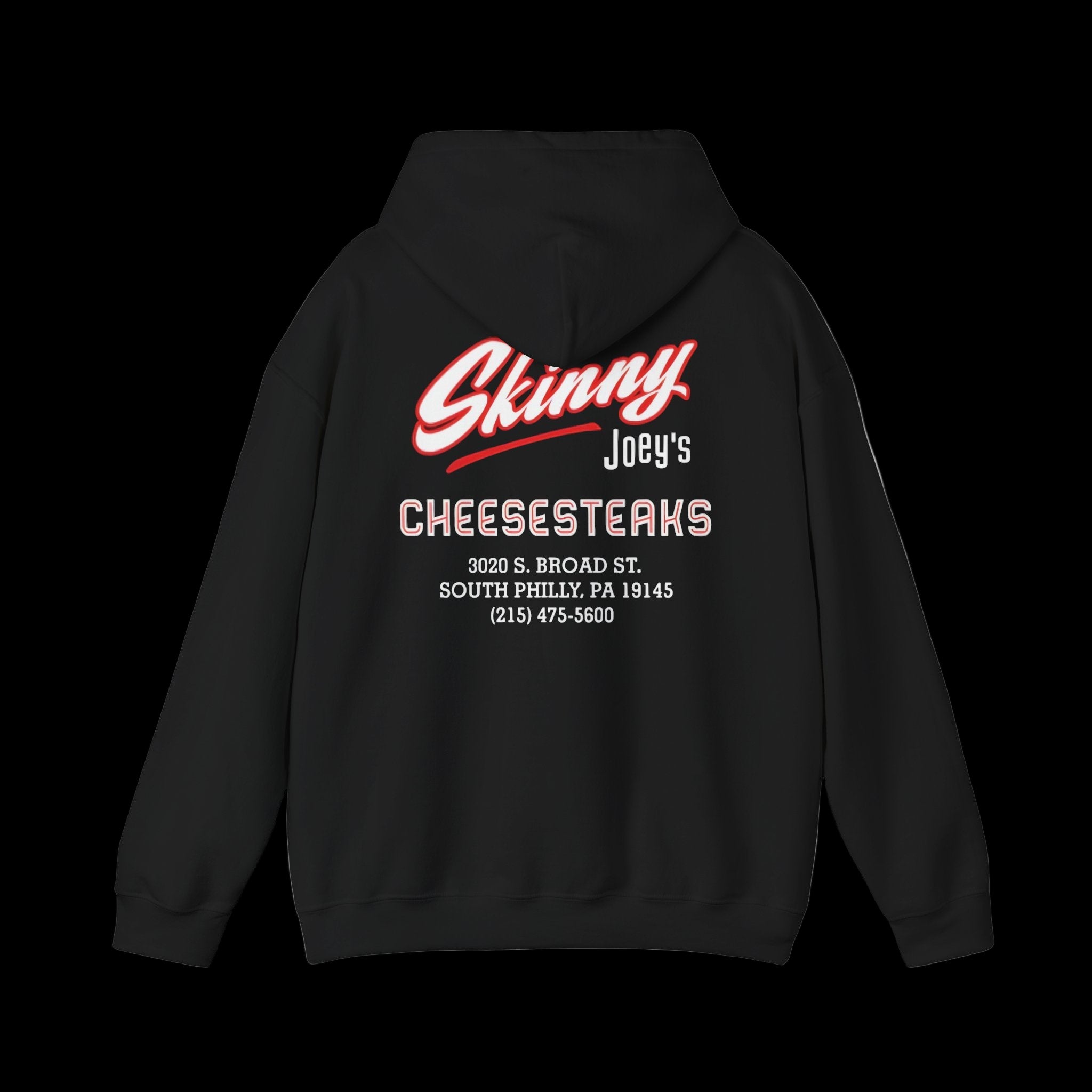Black hoodie with 'Skinny Joey's Cheesesteaks' text on the back against a white background