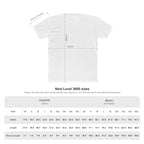 White t-shirt with measurement lines and a size chart for Next Level 3600 shirts.