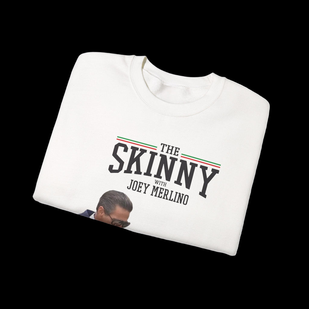 Folded white sweatshirt with 'The Skinny with Joey Merlin' text and logo on a white background
