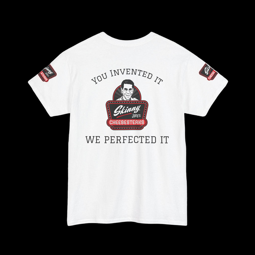 White t-shirt with graphic design and text on a white background