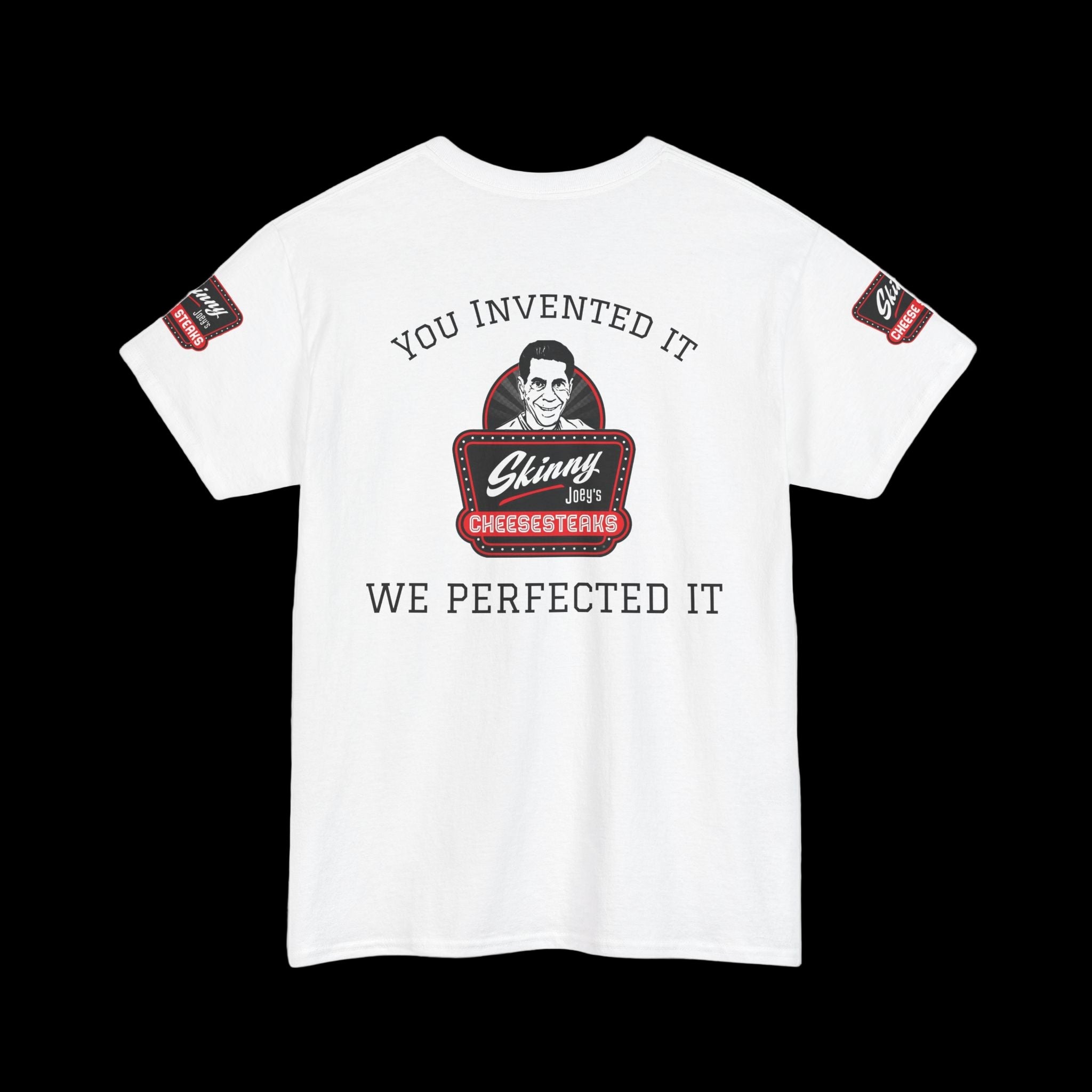 White t-shirt with graphic design and text on a white background