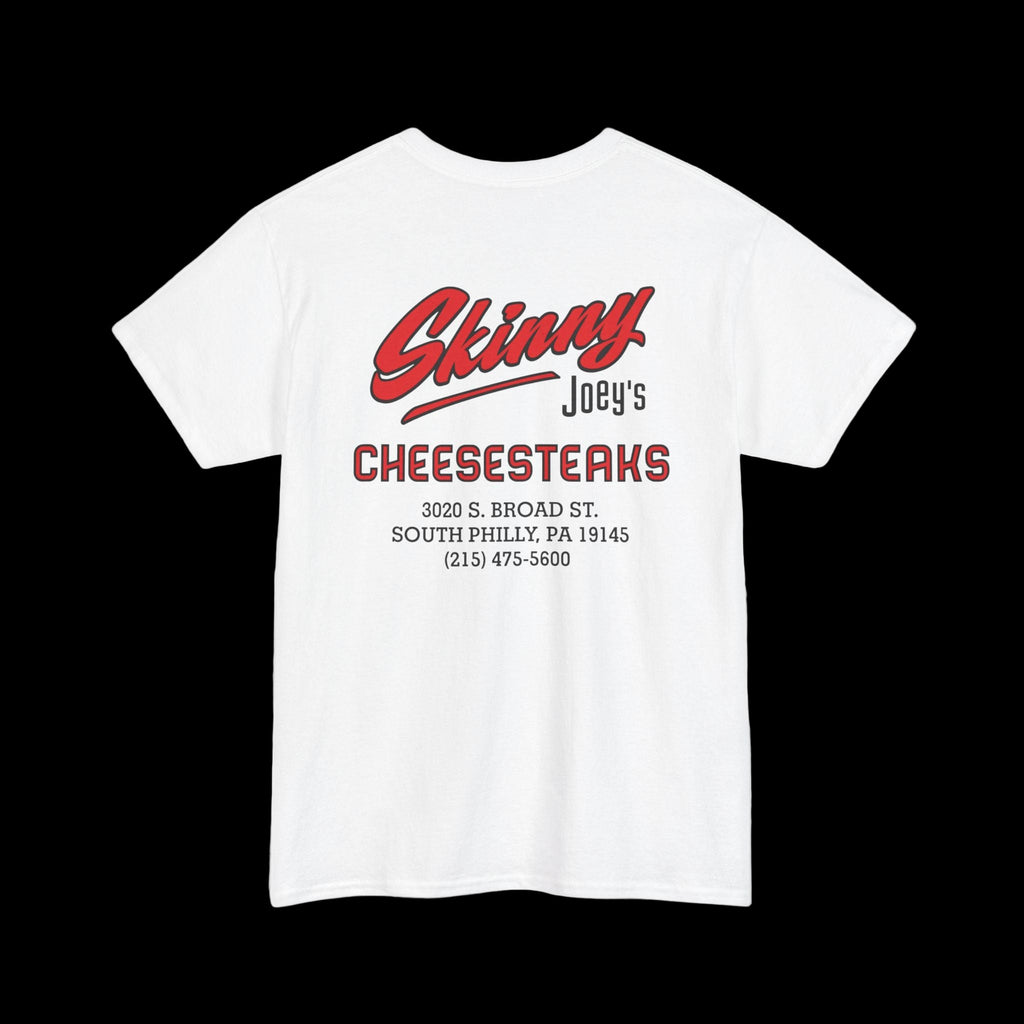 White t-shirt with red and black text on a white background