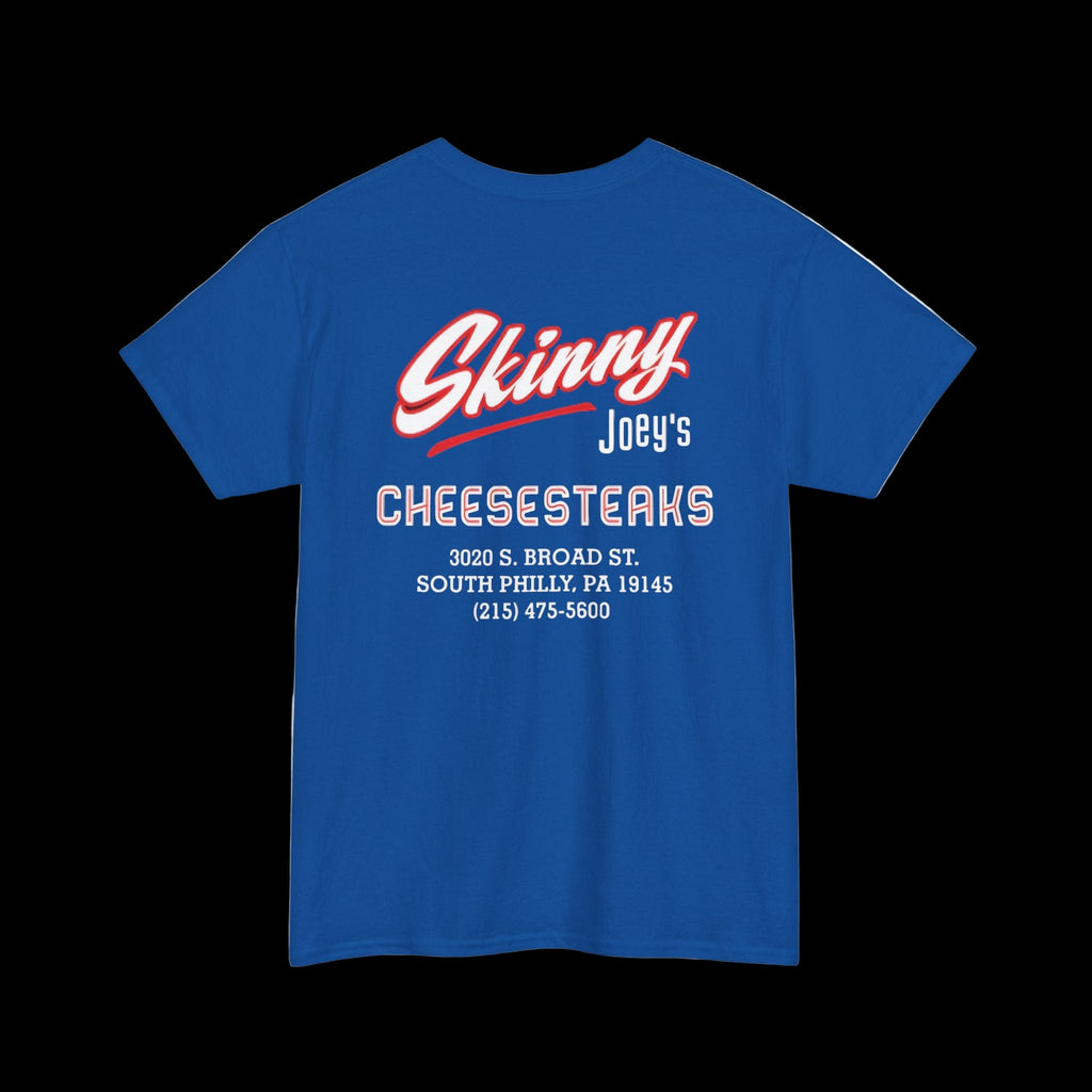 Blue t-shirt with 'Skinny Joey's Cheesesteaks' text on a white background
