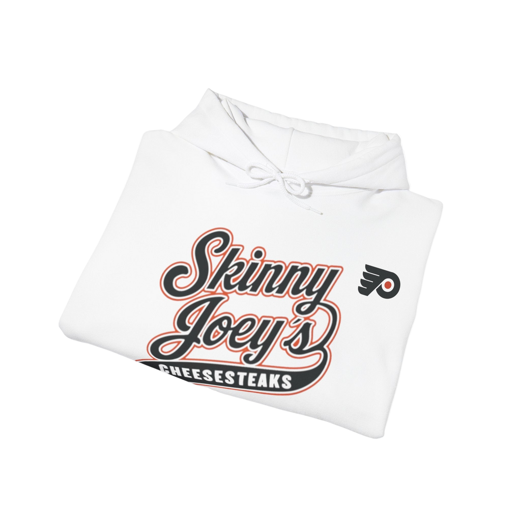 Folded white hoodie with 'Skinny Joey's Cheesesteaks' text and logo on a white background