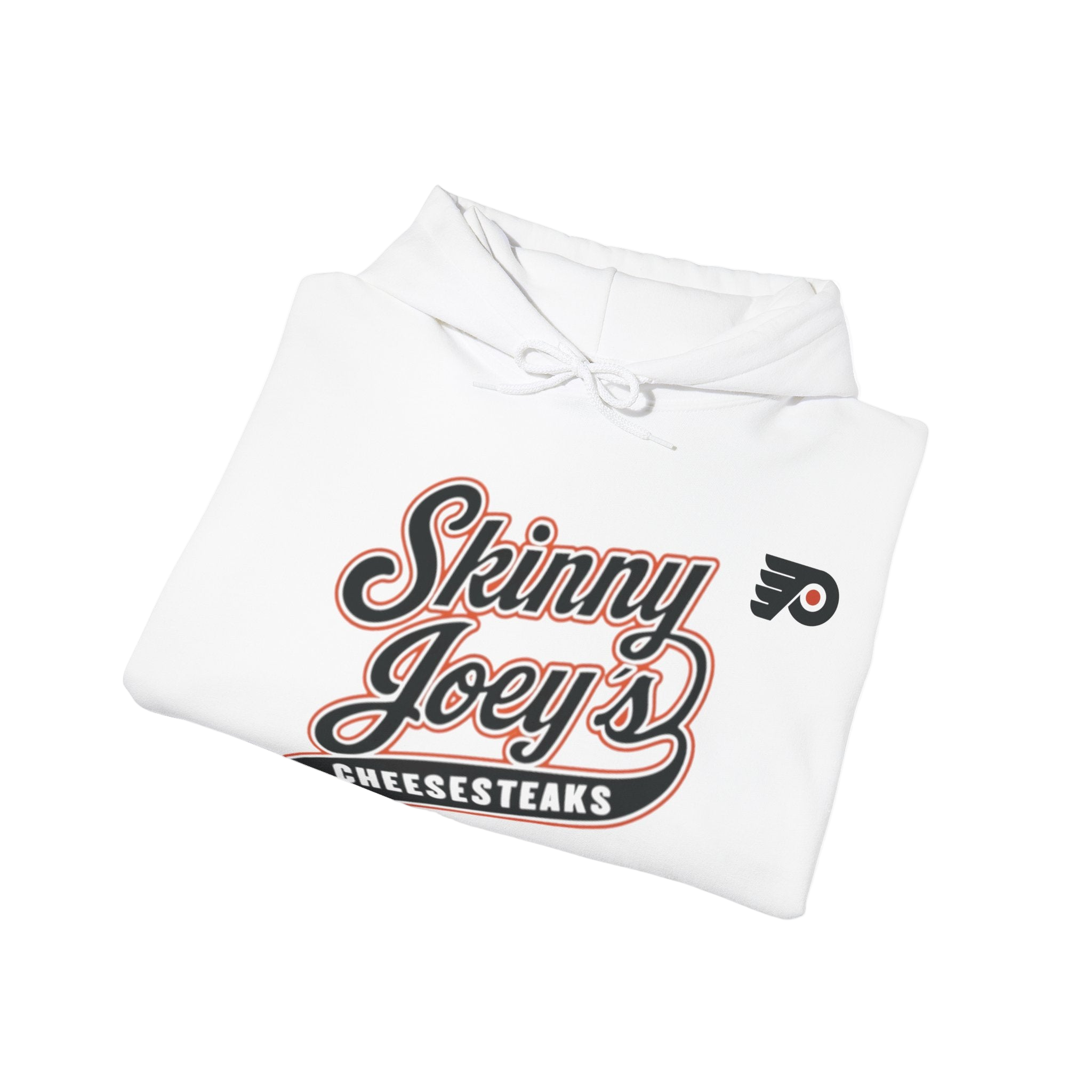 Folded white hoodie with 'Skinny Joey's Cheesesteaks' text and logo on a white background