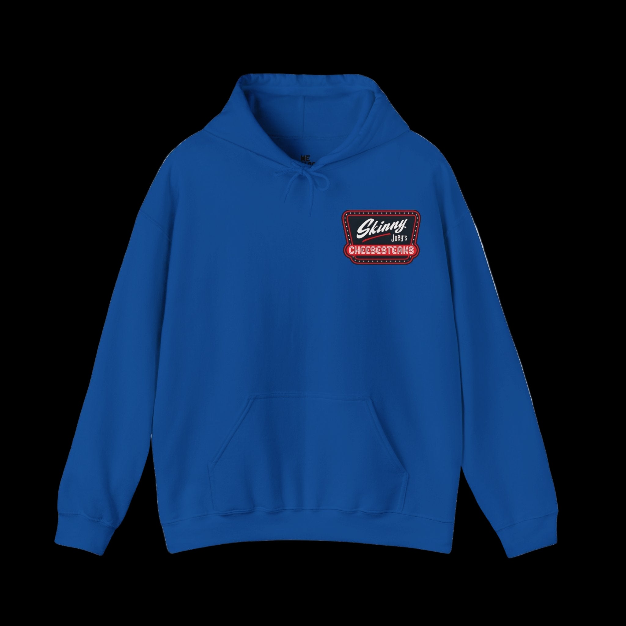 Blue hoodie with a logo on the chest against a white background