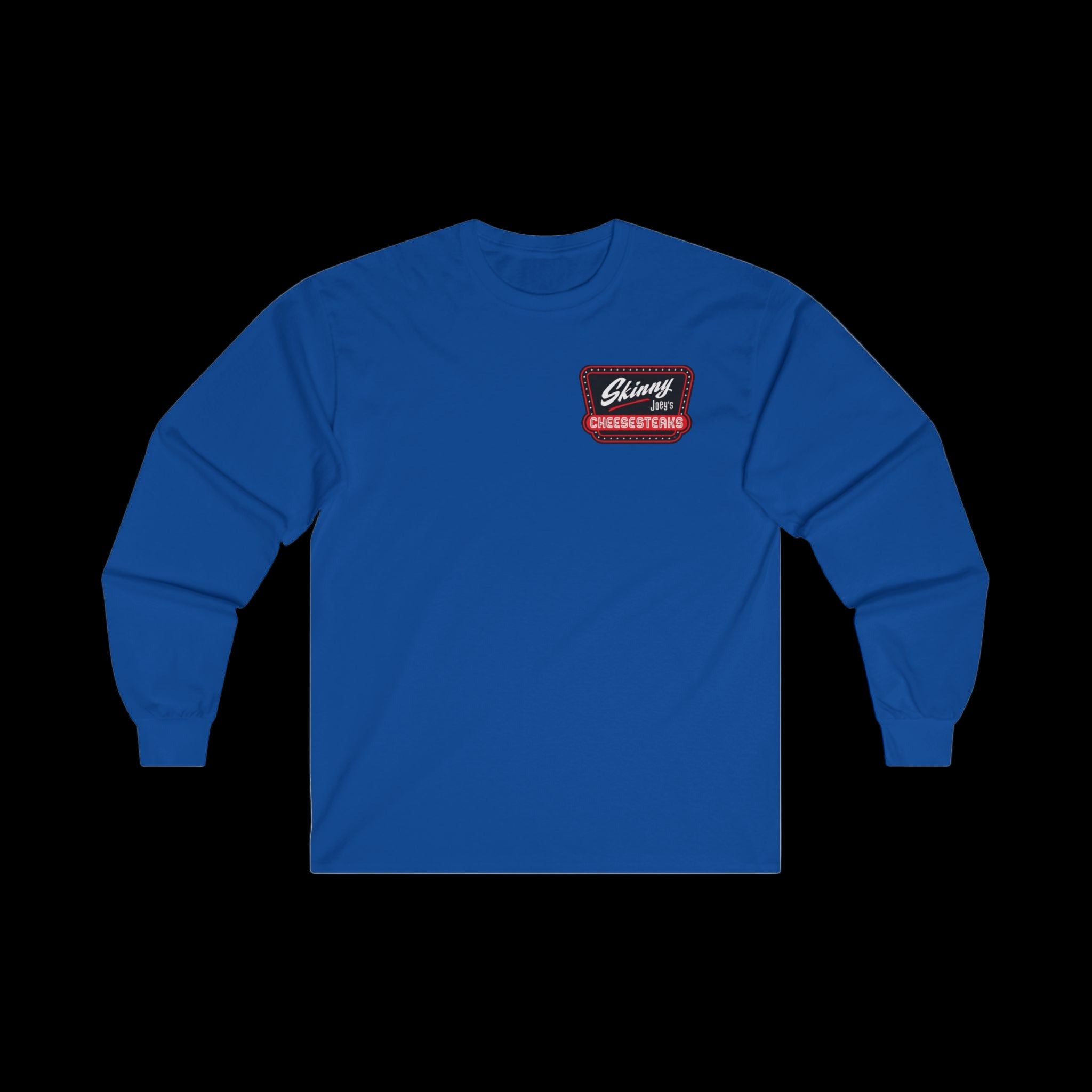 Blue unisex long-sleeve tee with small front patch logo: Skinny Joey’s Cheesesteaks × We Can Go Anywhere.