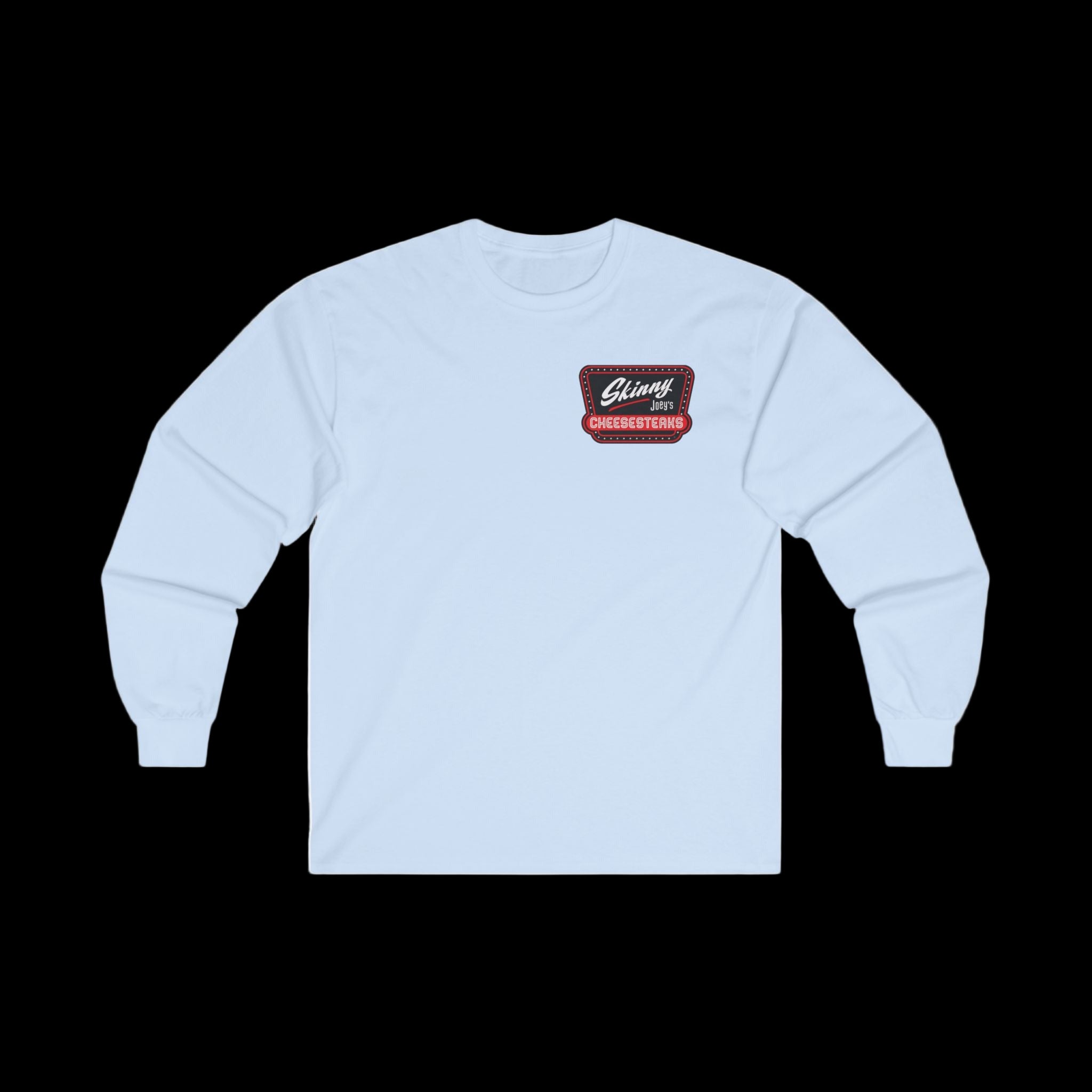 Light blue unisex long-sleeve tee featuring Skinny Joey’s Cheesesteaks × We Can Go Anywhere branding on the chest.