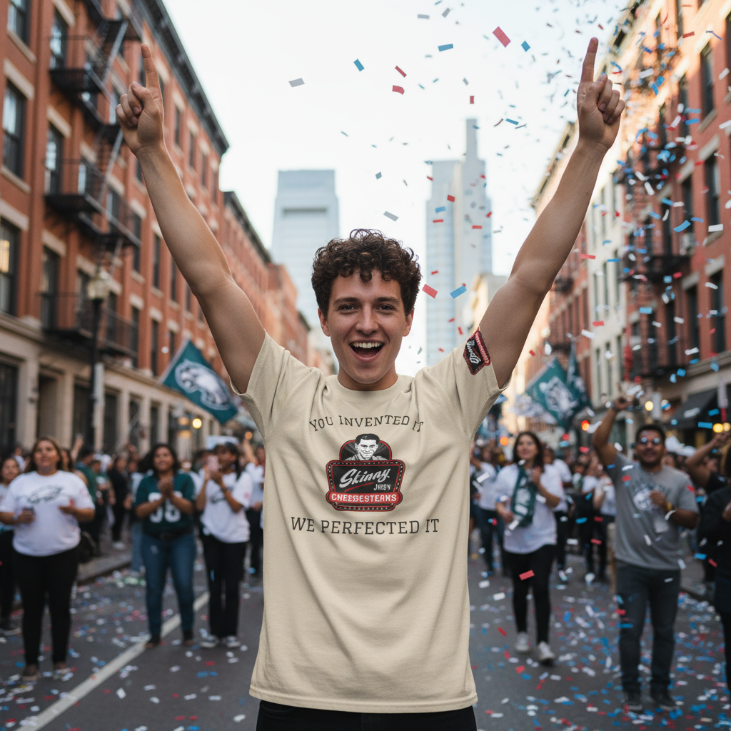 Person in a beige t-shirt with a graphic design, celebrating with confetti in an urban street setting.