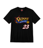 A black short-sleeve crewneck t-shirt featuring a graphic print of 'Skinny Joey's' in gold and blue lettering with a red star, and the number '23' in white with a red outline.