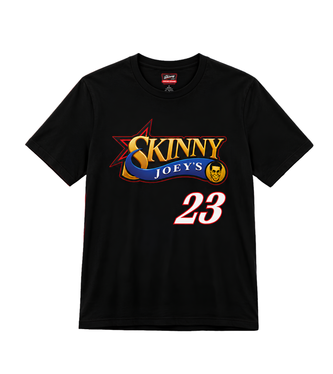 A black short-sleeve crewneck t-shirt featuring a graphic print of 'Skinny Joey's' in gold and blue lettering with a red star, and the number '23' in white with a red outline.