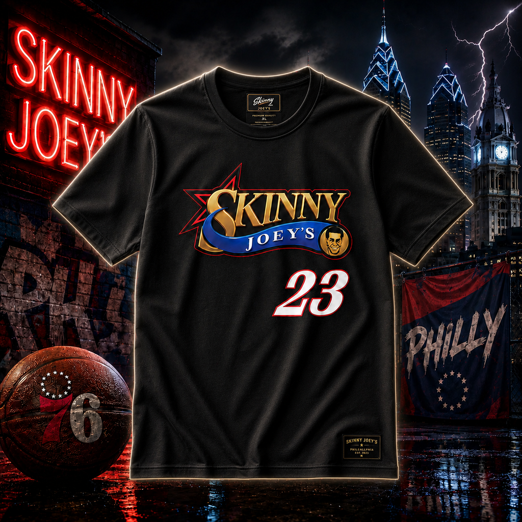 A black short-sleeve graphic T-shirt centered in the frame, featuring a large 'Skinny Joey's' logo with gold, blue, and red elements and the number 23 in white with a red outline. The shirt is shown against a dark, dramatic city street backdrop with neon signs, a basketball, and a flag.