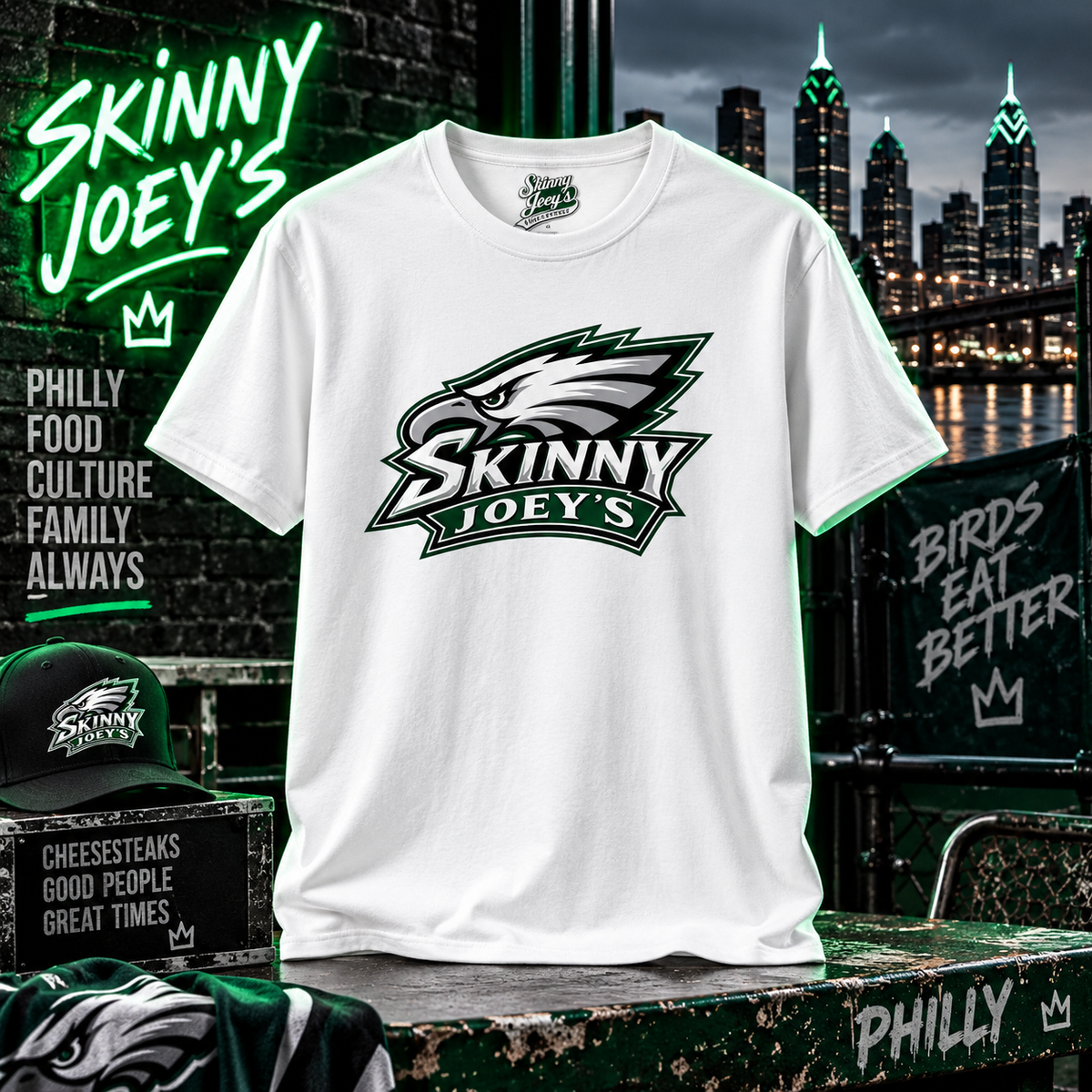 Eagles 2026 3XL-5XL graphic tee in solid white, Skinny Joey Merlino Philly mob merch