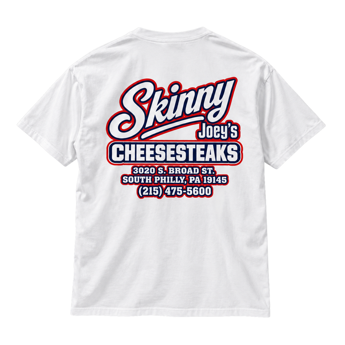 Skinny Joey's Cheesesteaks USA heavyweight tee in white, back, South Philly