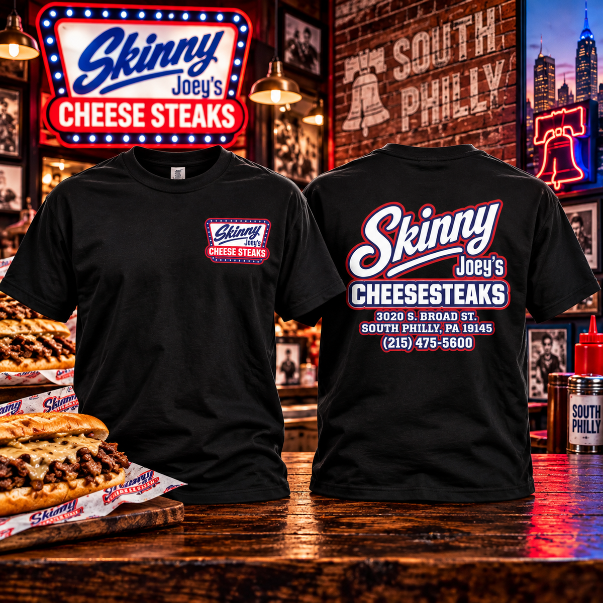 Skinny Joey's Cheesesteaks USA heavyweight tee in black, front and back, The Skinny with Joey Merlino Podcast