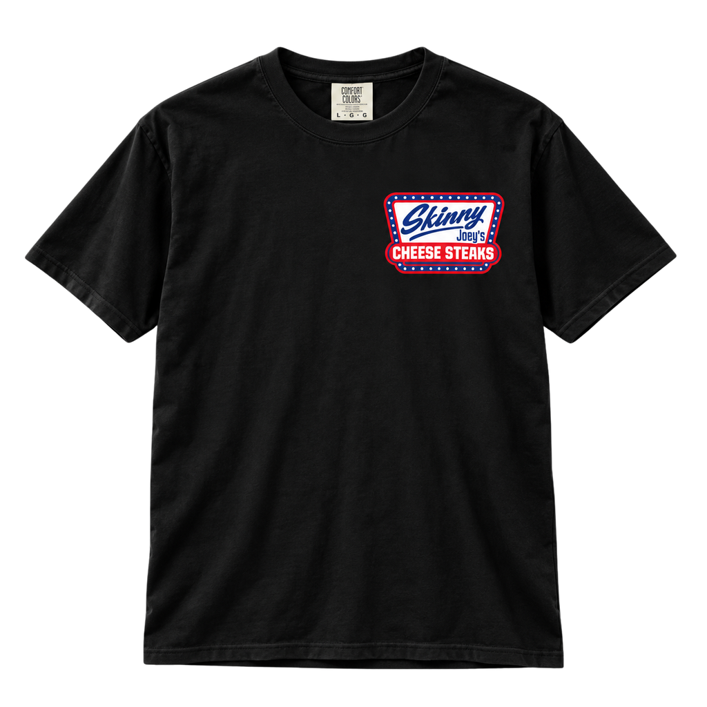 Skinny Joey's Cheesesteaks USA heavyweight tee in black, front, The Skinny with Joey Merlino Podcast