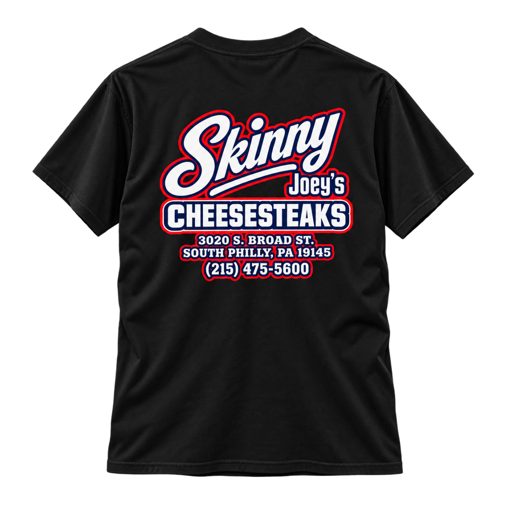 Skinny Joey's Cheesesteaks USA heavyweight tee in black, back, Skinny Joey Merlino merch