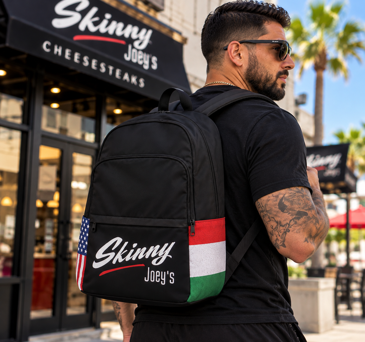 Skinny Joey's classic backpack with Italian flag panel, worn outside the shop, The Skinny with Joey Merlino Podcast