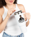 Person holding a mug with a graphic design on a white background