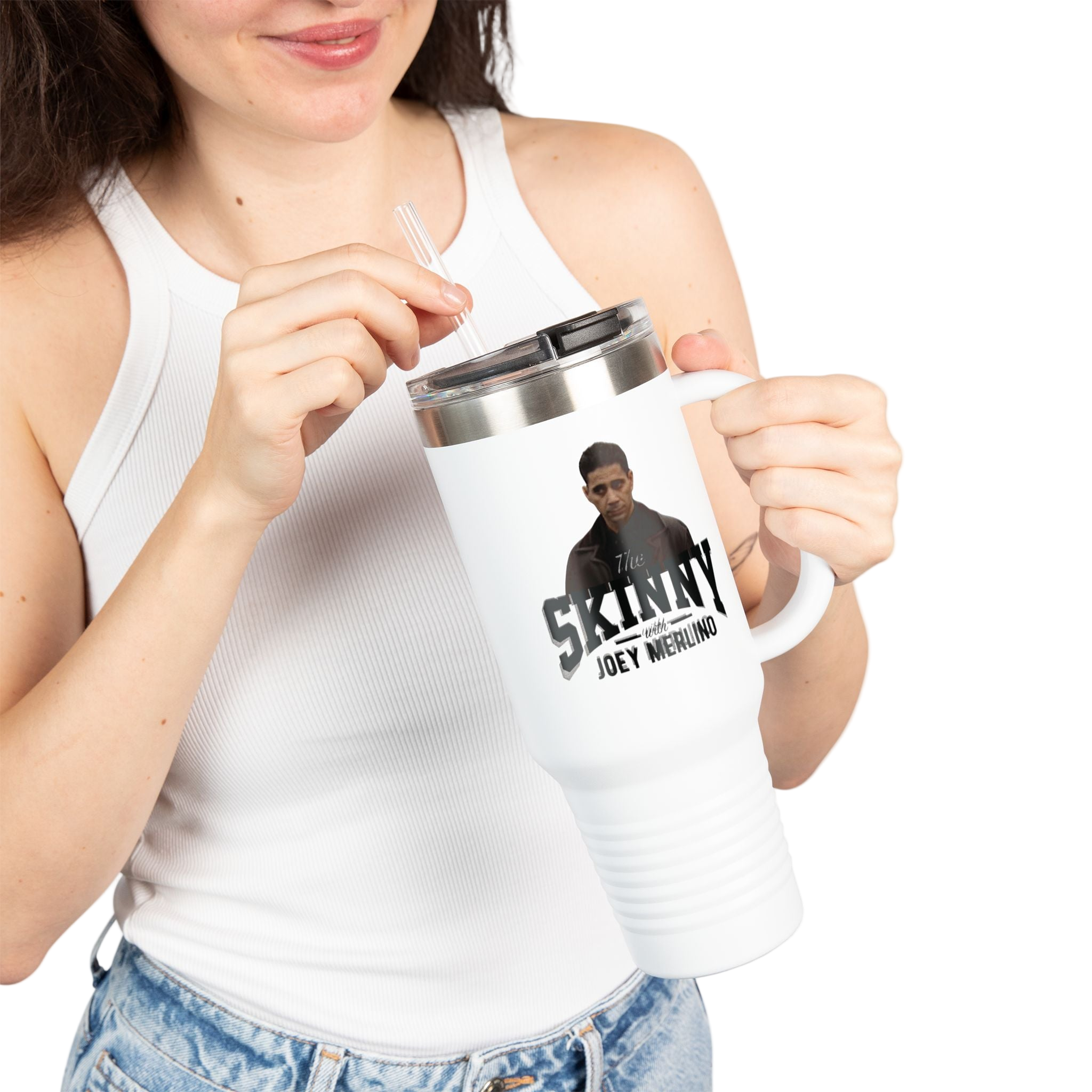 Person holding a mug with a graphic design on a white background