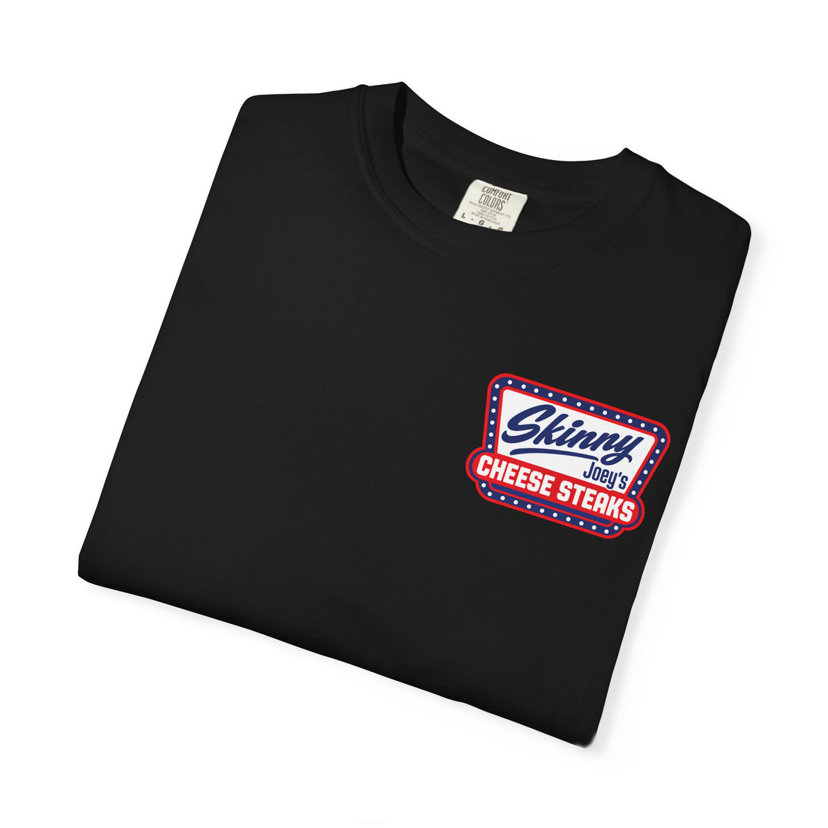 Skinny Joey's Cheesesteaks USA heavyweight tee in black, folded, South Philly