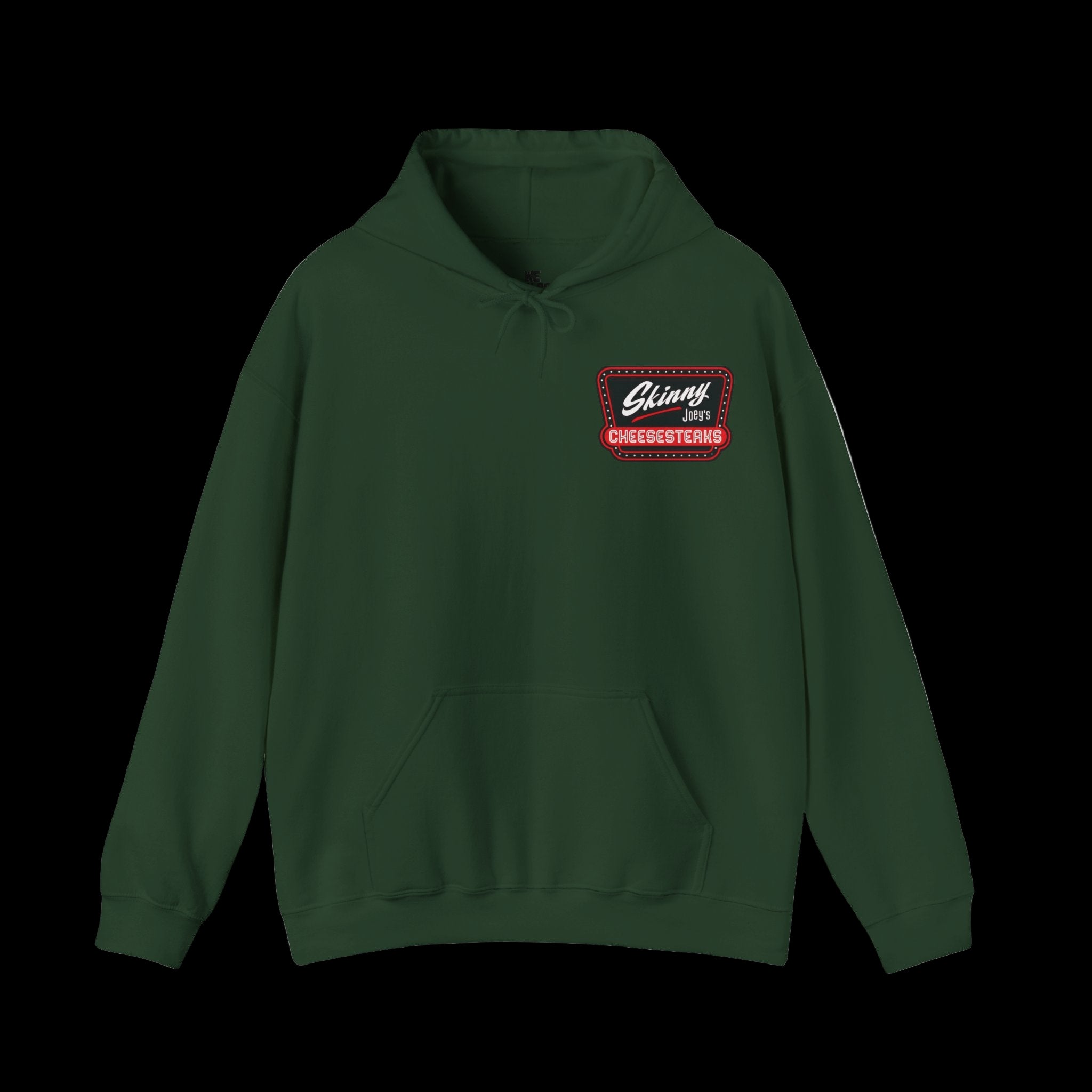 Green hoodie with a red and white logo on a white background