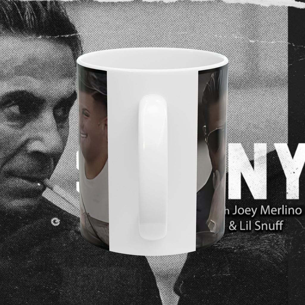 White mug with a black and white photo of a man on a gray background