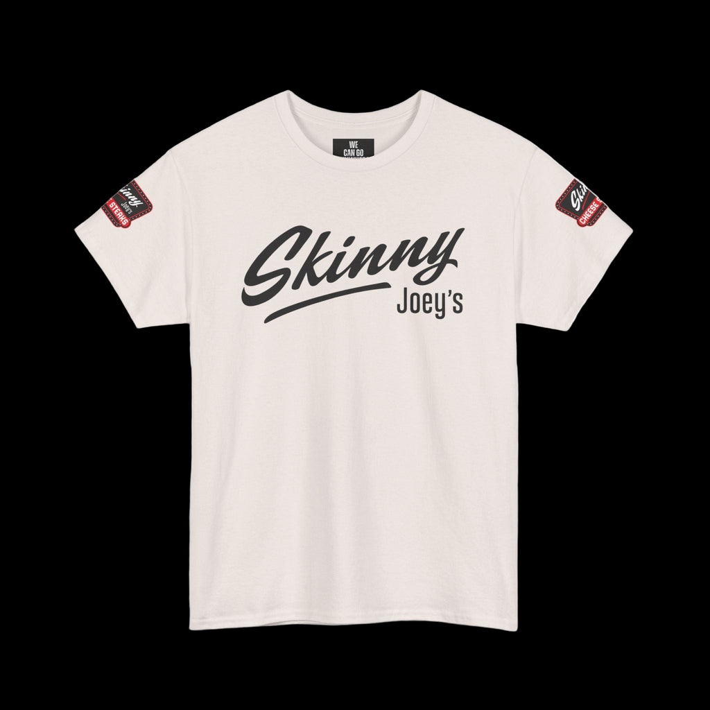 White t-shirt with 'Skinny Joey's' text on a white background
