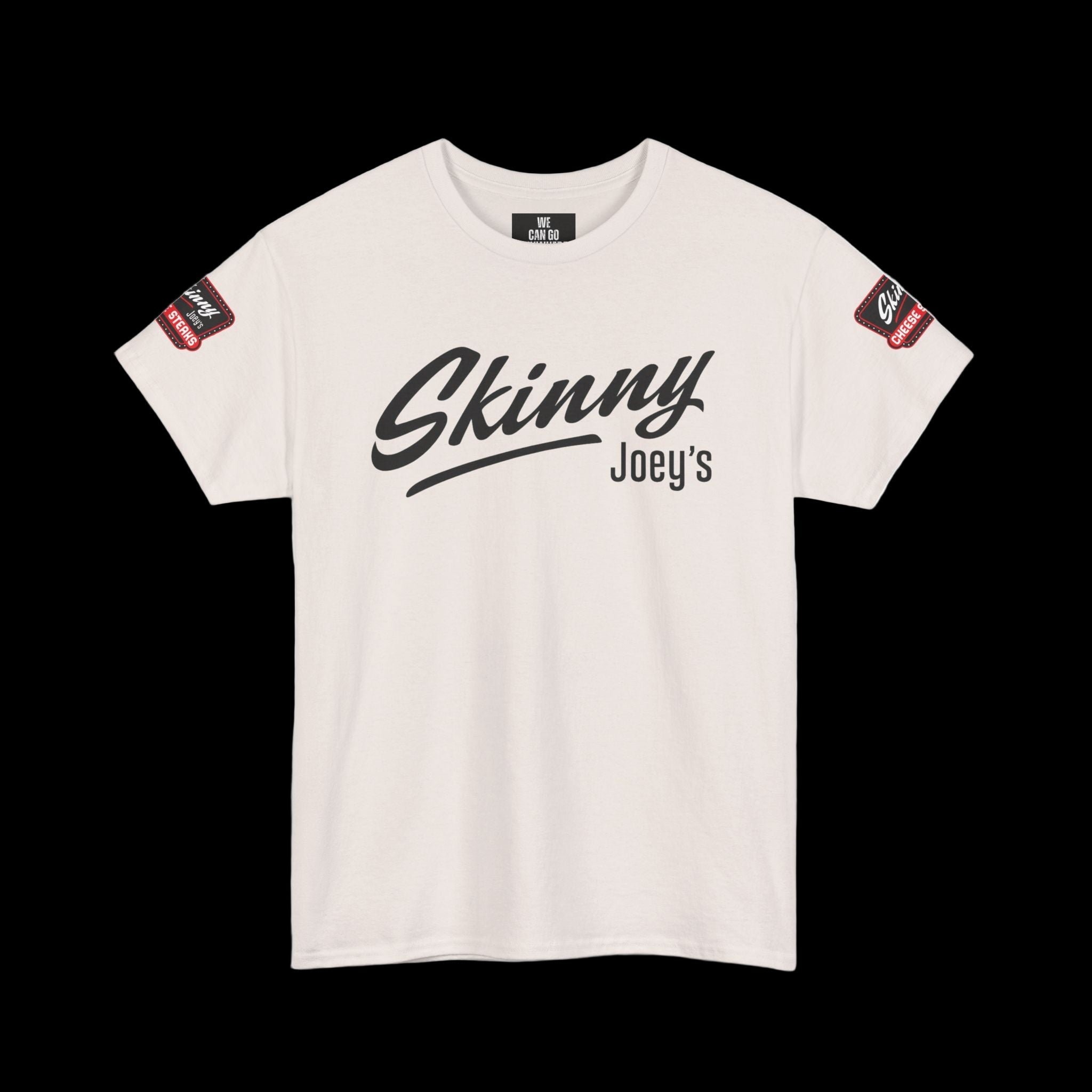 White t-shirt with 'Skinny Joey's' text on a white background