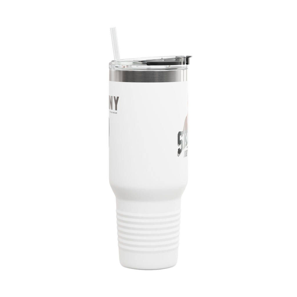 White tumbler with silver lid and text on a white background