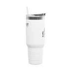 White tumbler with silver lid and text on a white background