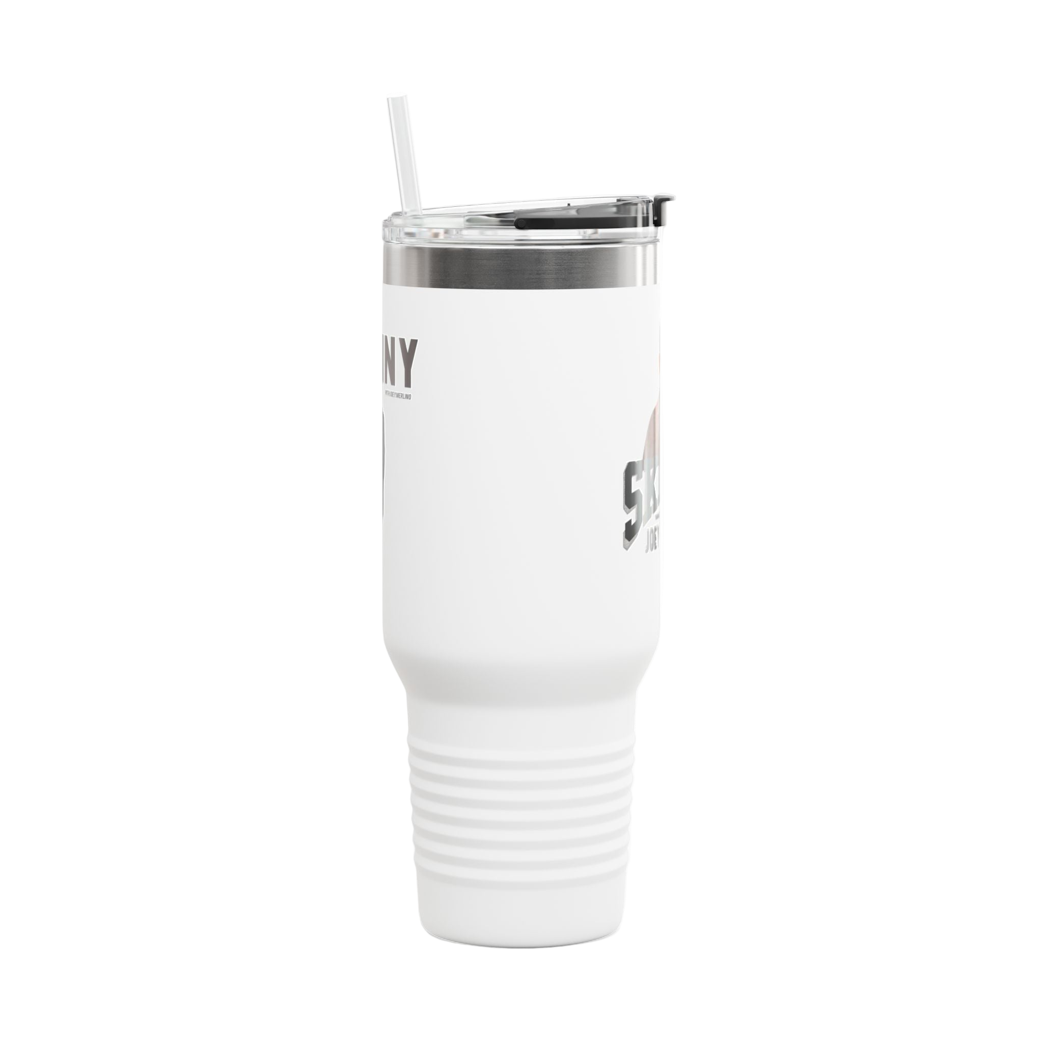 White tumbler with silver lid and text on a white background