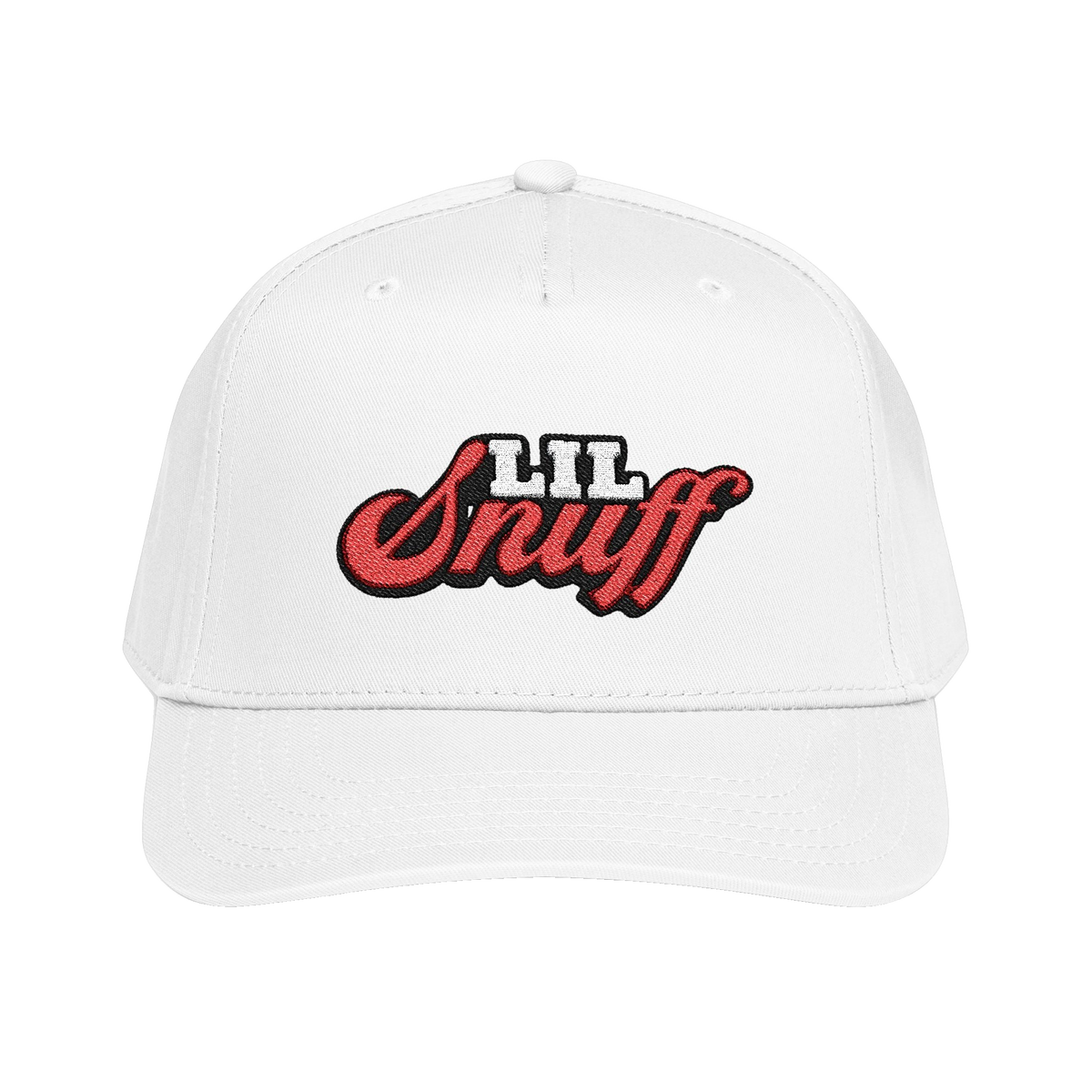 White cap with red and black text on a white background